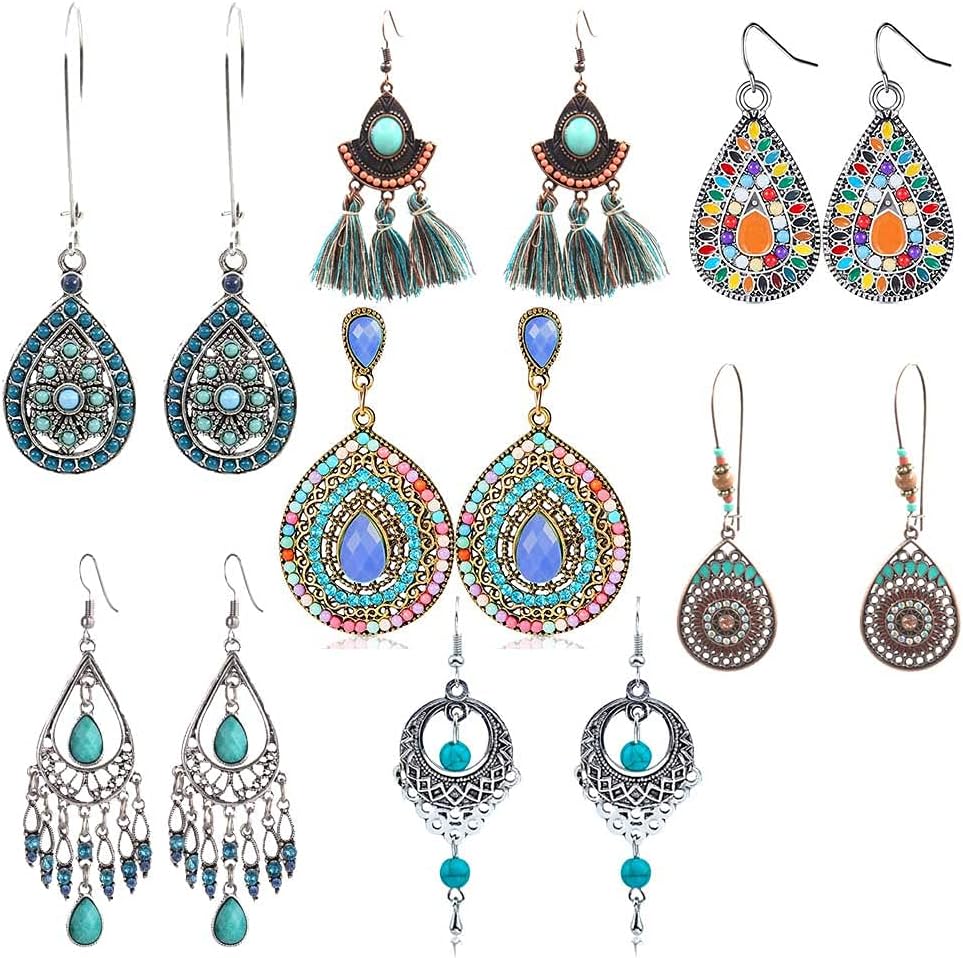 7 Pairs Bohemian Earrings Vintage Boho Earrings Dangle Drop Hook Earrings Metal Retro Rhinestone Stud Earrings Hippie Gypsy Earrings Set Turquoise Bohemian Jewellery Pendant Earrings For Women Girl
