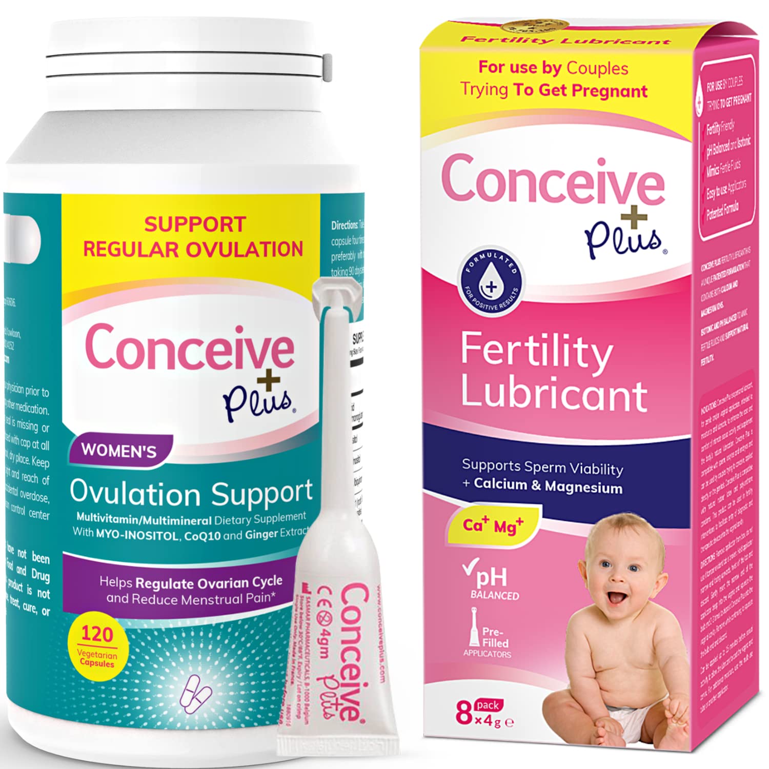 Conceive Plus Fertility Lubricant 8 x 4 Gram Applicators and Ovulation Support Inositol Supplement 120 Count Bundle