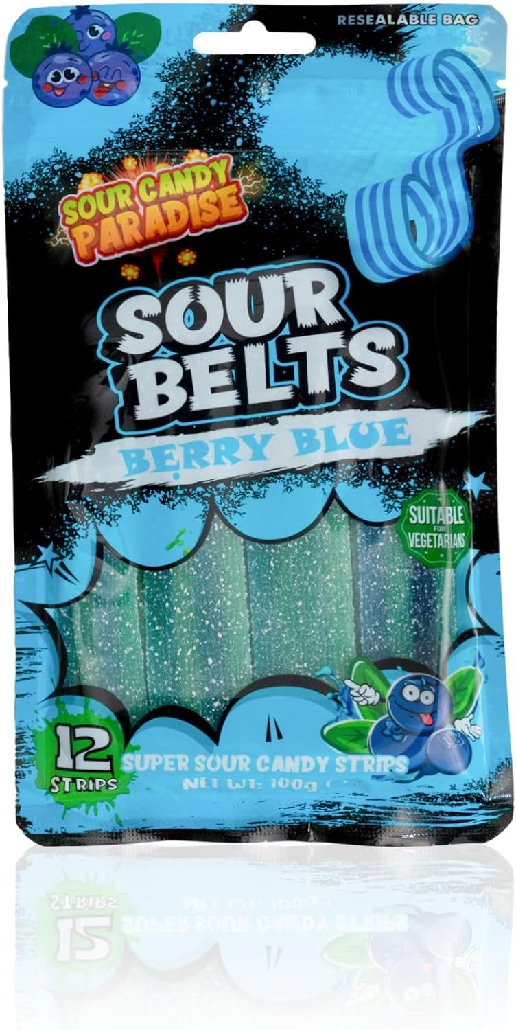 Candy Paradise Belts Super Sour Candy Strips Viral TikTok Strip 12 Strips 100g (Pack of 1, Blueberry)