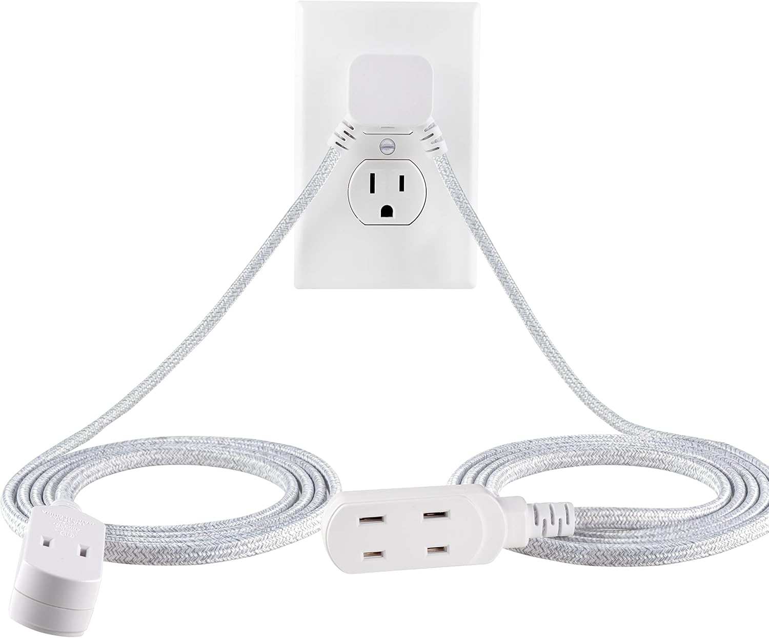 Cordinate Extension Cord, 12 Ft, Twin 3-Outlet Flat Plug Extension Cord, Braided Extension Cord With Multiple Outlets, 2 Prong Extension Cord, Safe Slide 125V Long Extension Cord, 1 Pack, White, 67091