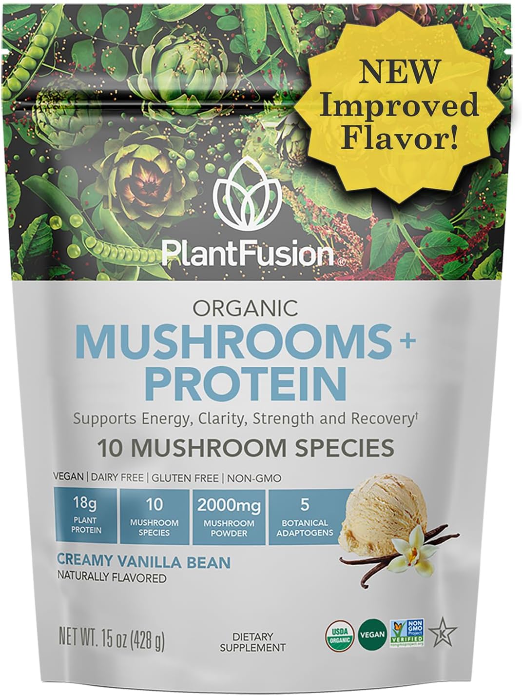 Plantfusion Mushroom Protein Powder - 3 in 1 Vegan Protein Powder, Mushroom Supplement, and Adaptogen Supplement - Support Mental Focus, Immunity, and Recovery - Vanilla 1lb