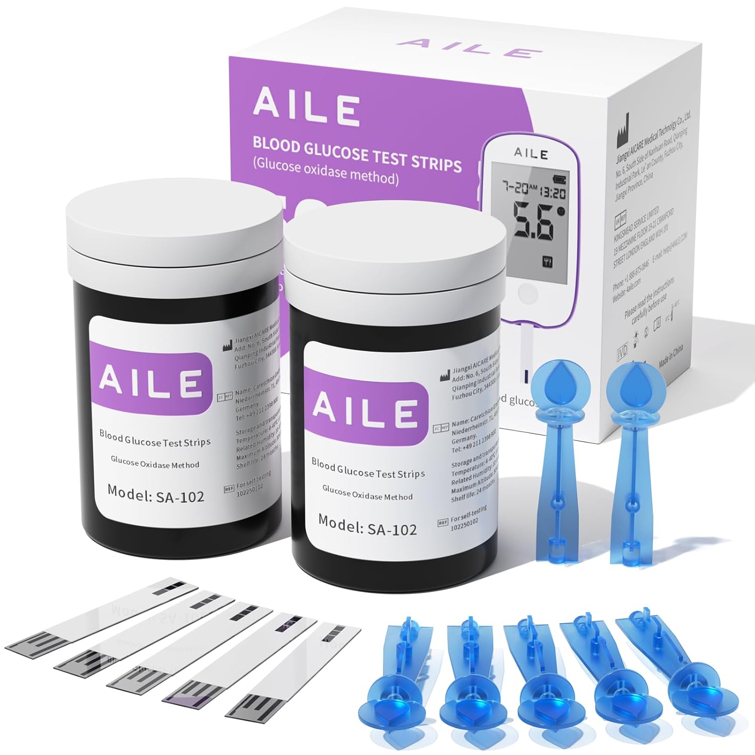AILE Blood Glucose Test Strips for Diabetics: AILE Blood Sugar Test Strips 50 PCS - 50 Lancets for Home Use - Only Use with A608 A601 A606 A616 W33 Blood Glucose Monitor