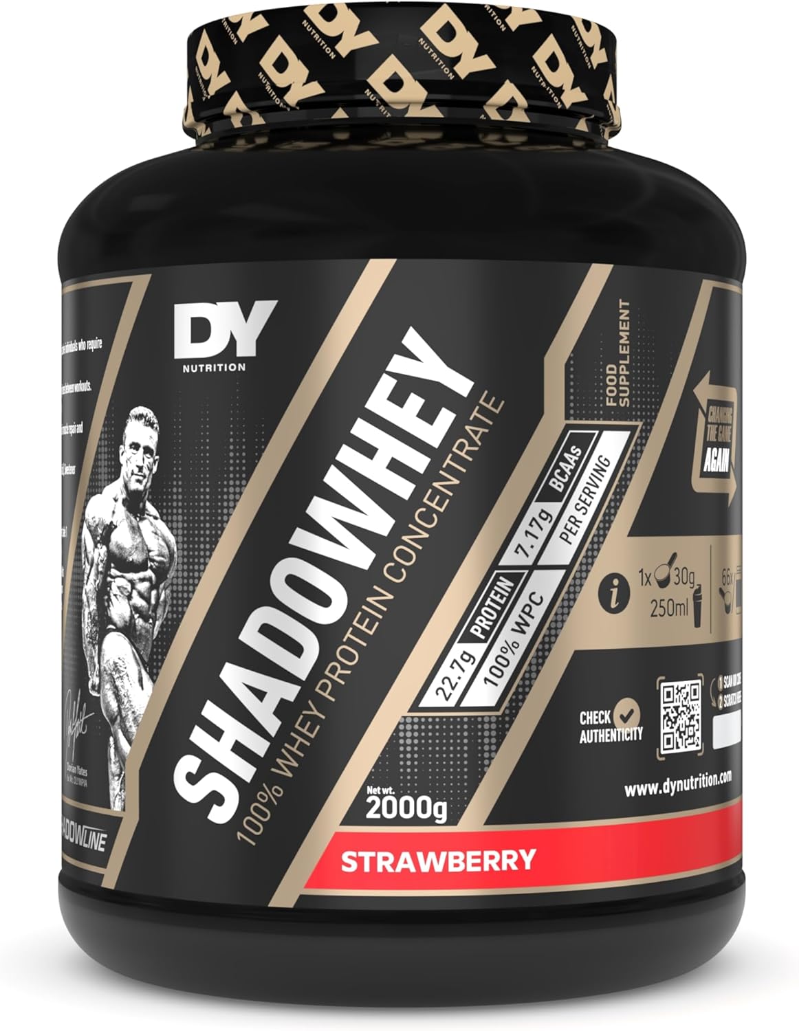 DY Nutrition - Shadowhey Whey Protein Concentrate Powder 2Kg | 23g Protein per Serving | 66 Servings | 7.3g of BCAAs | Sourced from EU Grass-Fed Cows | Premium Easy Mix & Digest Formula (Strawberry)