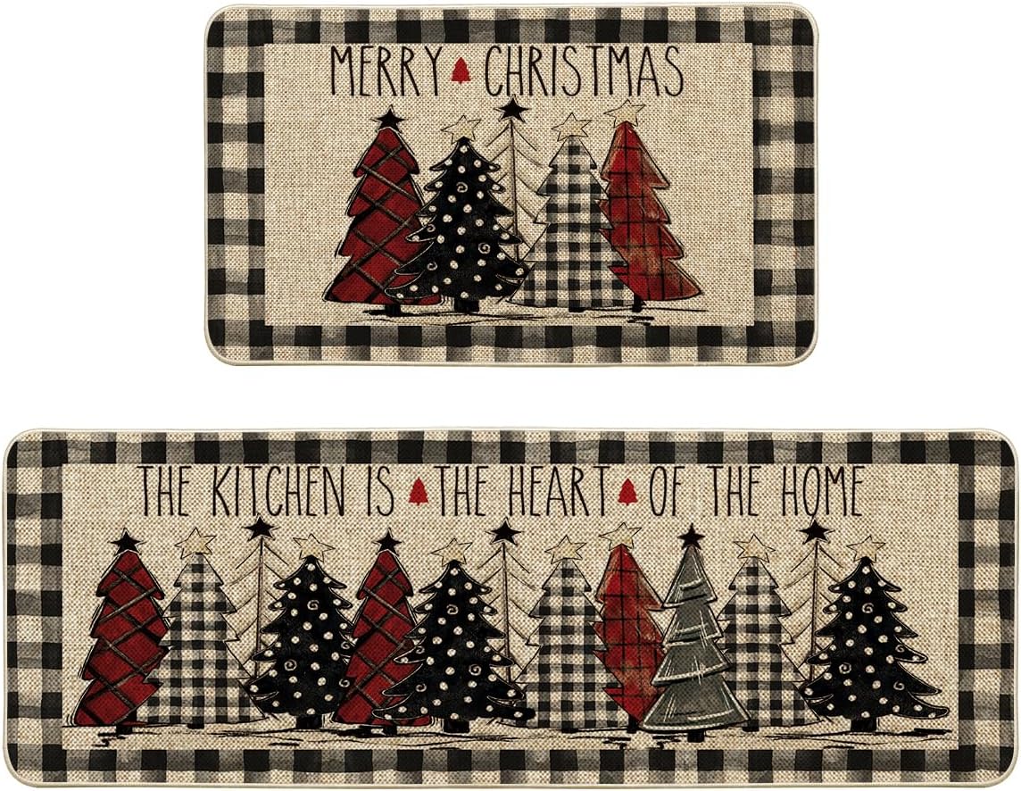 Artoid Mode Buffalo Plaid Xmas Tree Merry Christmas Kitchen Mats Set of 2, Winter Home Decor Low-Profile Kitchen Rugs for Floor - 17x29 and 17x47 Inch