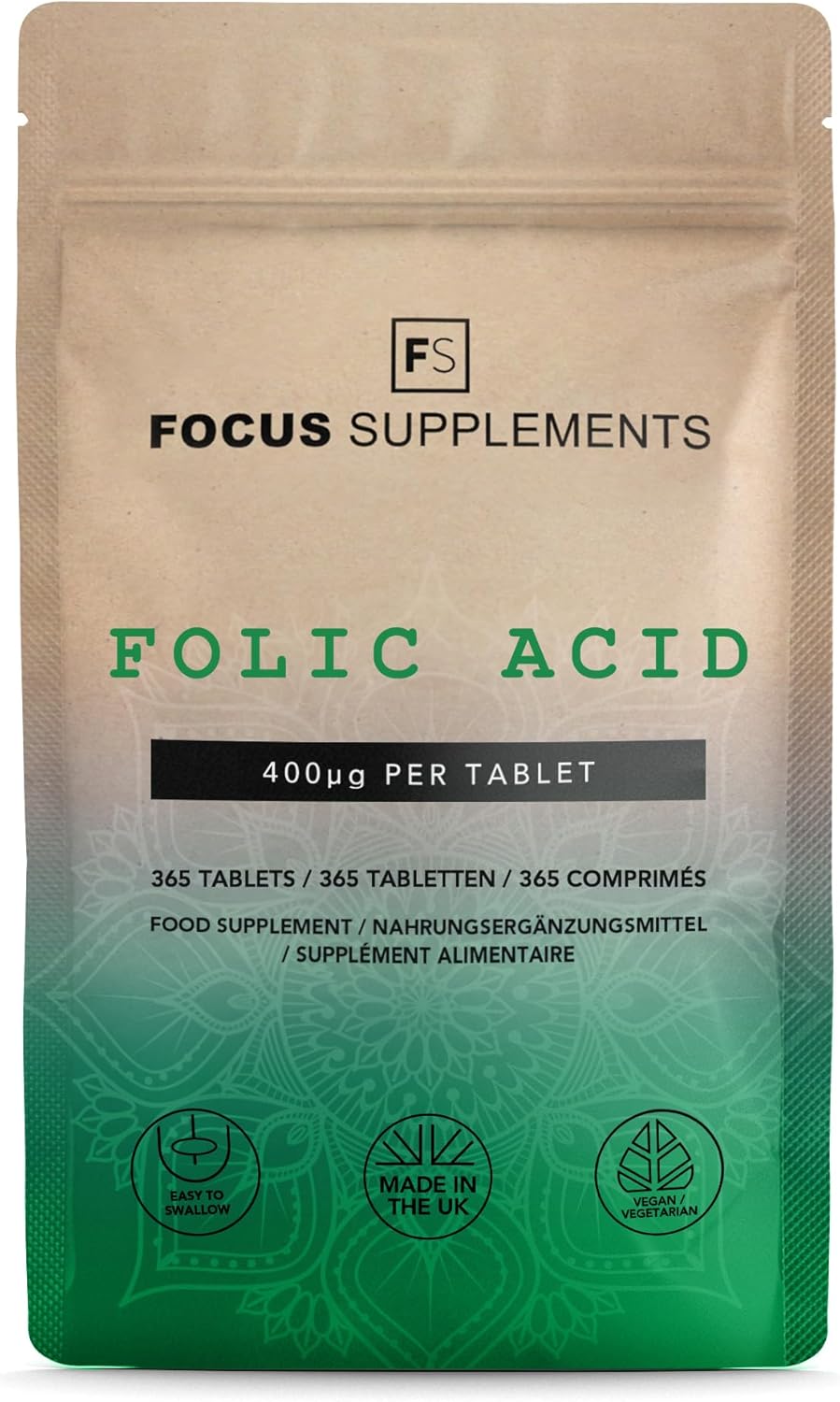 FS Folic Acid | 365 Folate Supplements - 400µg Folic Acid Tablets per Serving | High Strength Vitamin B9 | Non-GMO, Gluten & Allergen Free | Manufactured in The UK