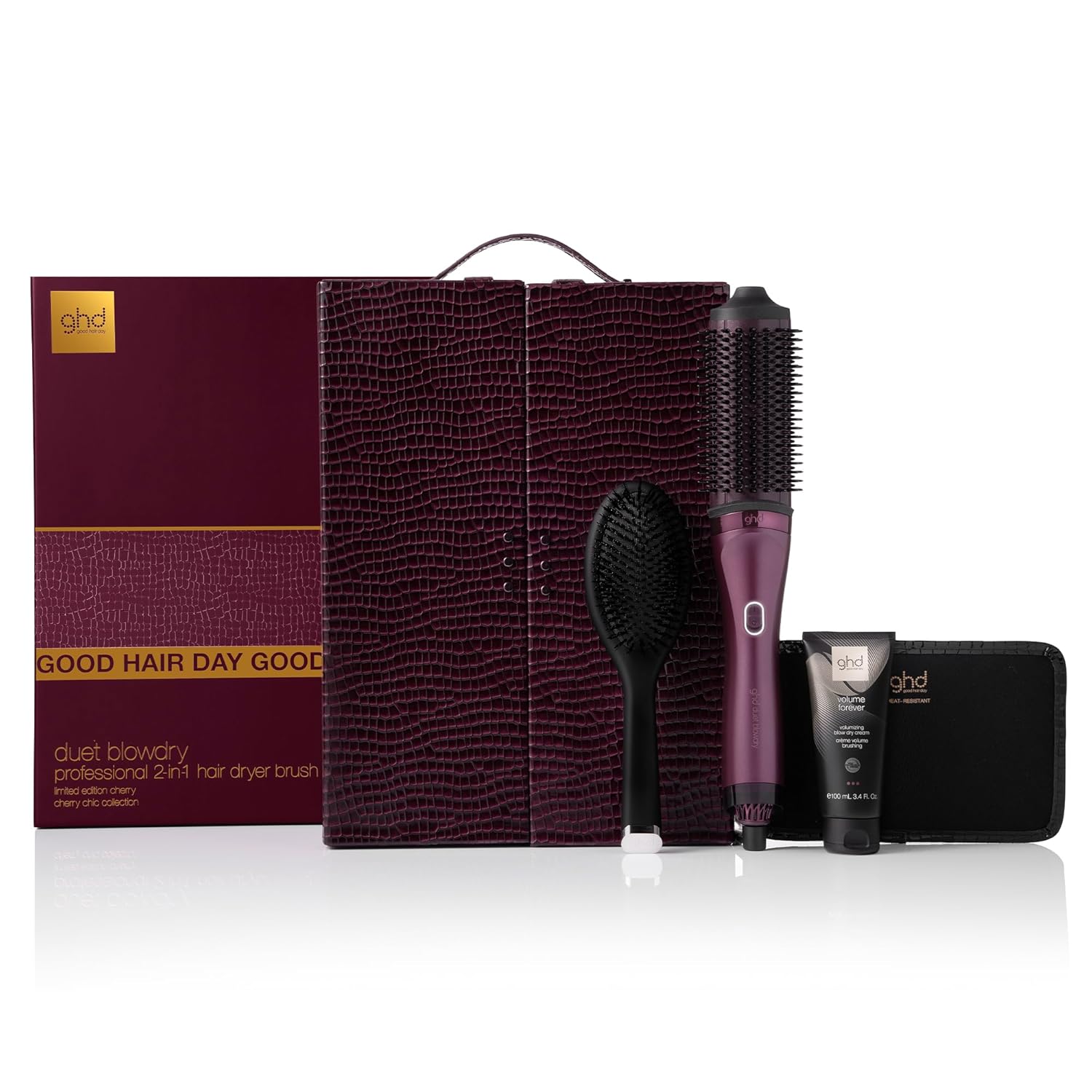 ghd Duet Blowdry - 2-in-1 Hot Air Brush for Wet to Dry Styling, 3X More Volume, More Shine, and Frizz-Free Finish - Quiet Styling, Heated Bristles and Barrel - Limited Edition Cherry Chic
