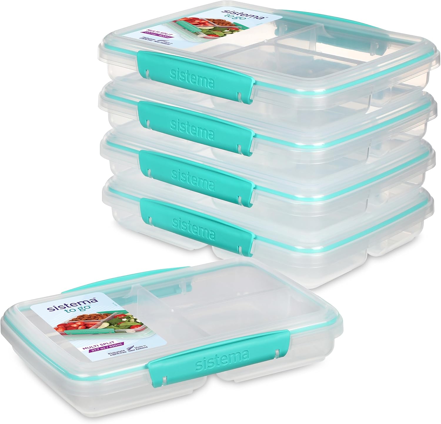 Sistema TO GO Multi Split Meal & Food Prep Containers | 820ml | School Lunch Boxes with Dividers & Clips | BPA-Free | 5 Count