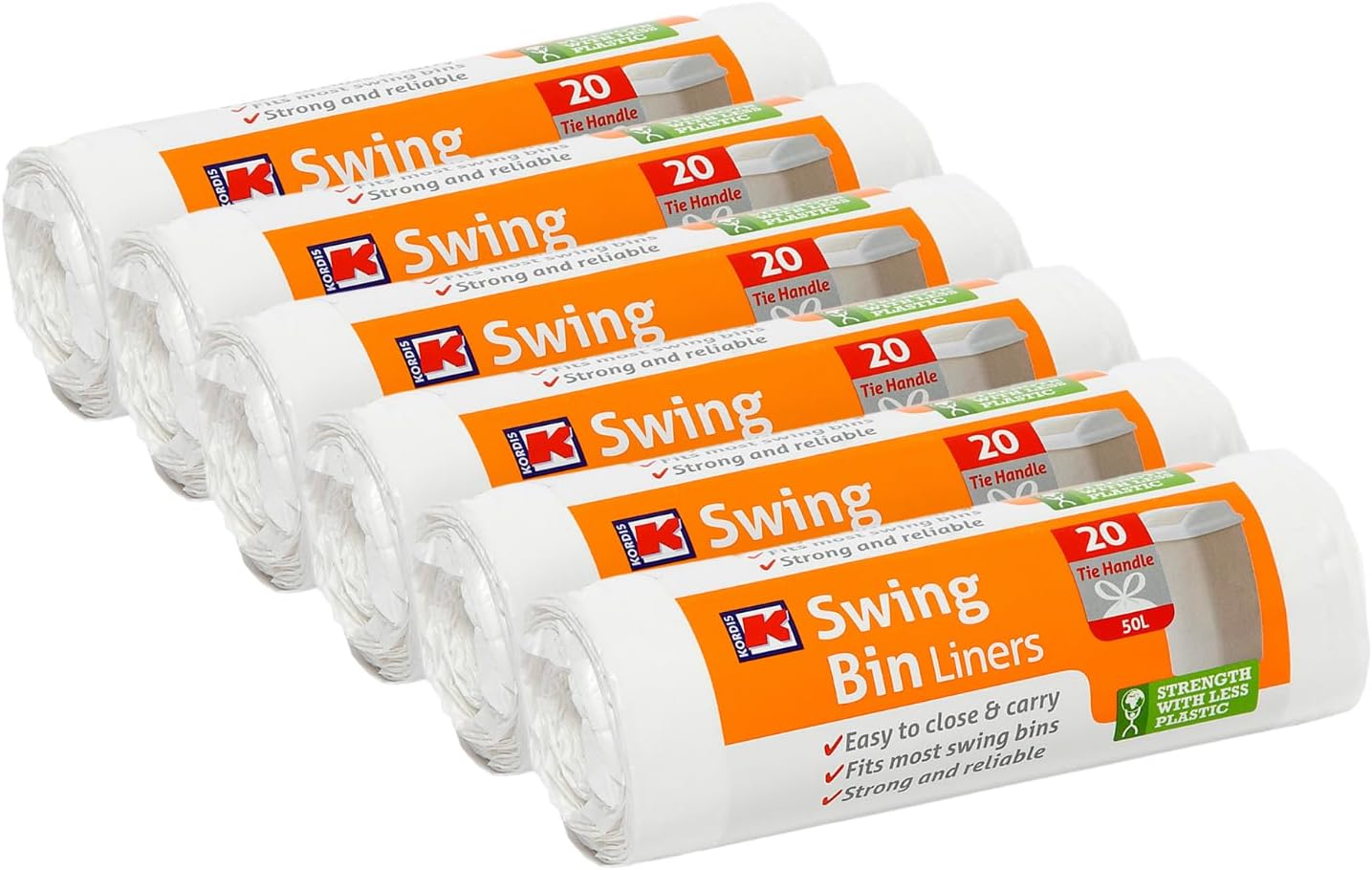 Kordis Strong Tie Handle Swing Bin Bag Liners - 6 Rolls x 20 Bags. 50L White Plastic Bin Bags For Kitchen Bins & Large Indoor Trash Bin. 120 Heavy Duty, Unscented Garbage Bags - 60 x 90cm