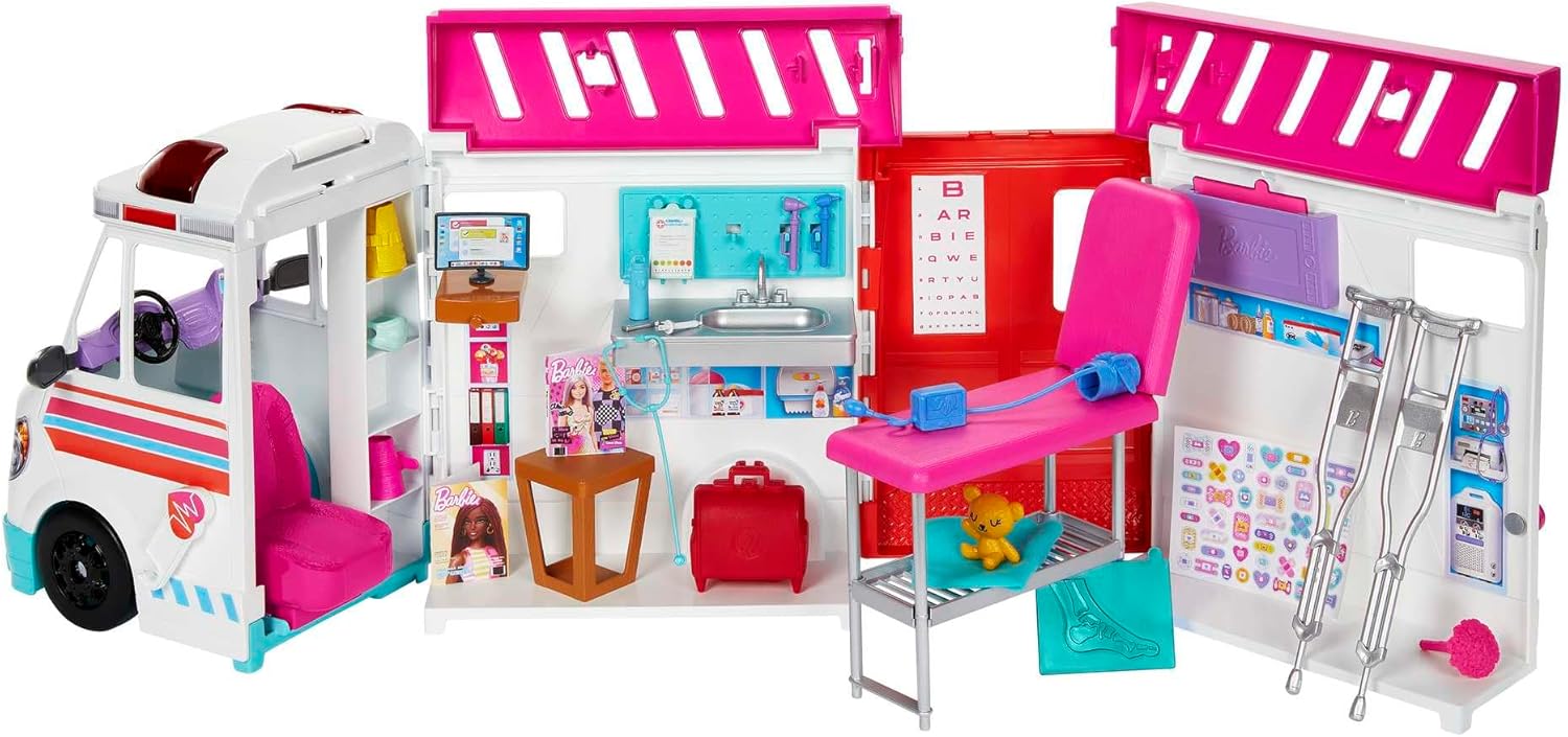 Barbie Ambulance and Hospital Playset, Emergency Vehicle with Lights and Sounds Transforms into Care Clinic, 20 Doll Accessories, Toys for Ages 3 and Up, One Barbie Vehicle, HKT79