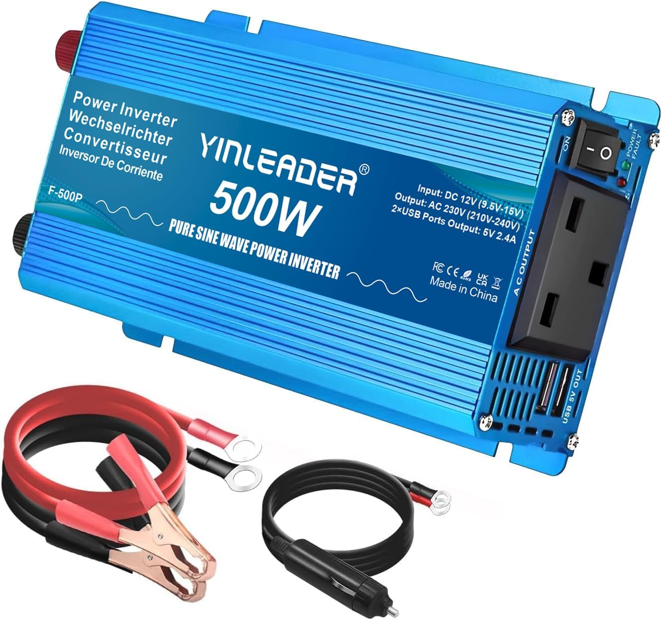Yinleader Pure Sine Wave Power Inverter 500W DC 12V to 240V AC Car Power Converter /1000W (Peak) With 2 USB Ports 1 AC Socket for Charge Phone, Pad, Laptop, LED