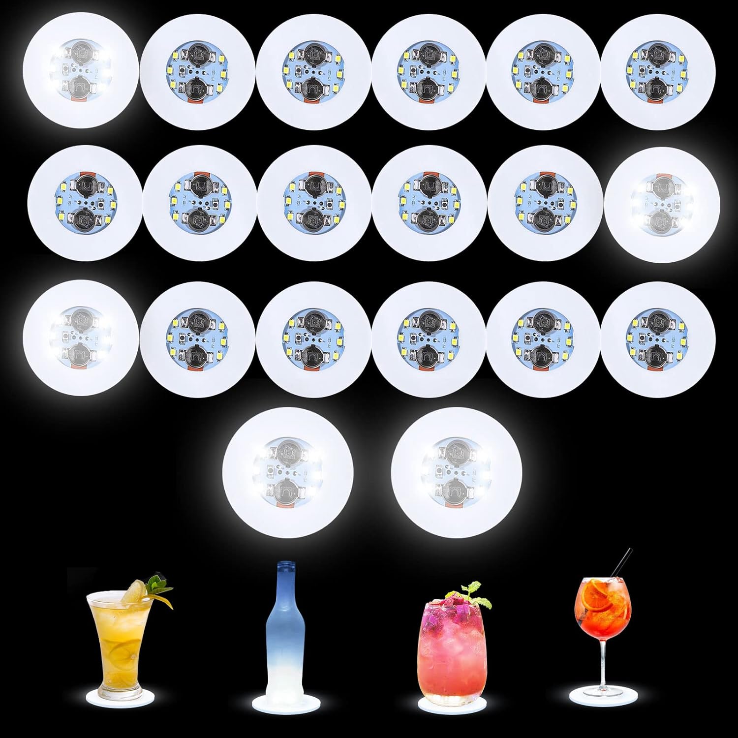Luolety LED Coaster, 20PC LED Stickers Light Up Bar Coasters Tunnel Liquor Bottle Flash Light Cup Mat for Glass Beverage Mat Home Flashing Shots Light for Party, Wedding (White)
