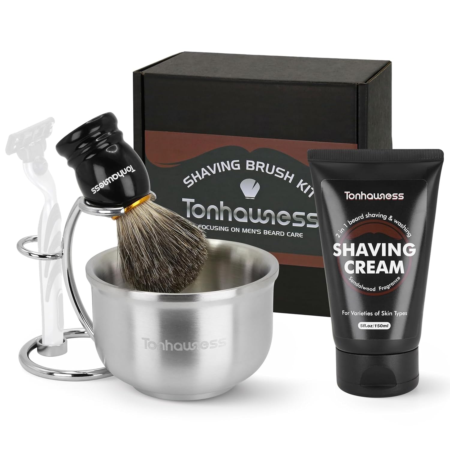 Shaving Brushes Kit For Men, 4 In 1 Shaving Brush Set Includes Badger Hair Shaving Brush, Sandalwood Shaving Cream, Stainless Steel Shaving Bowl and Stand