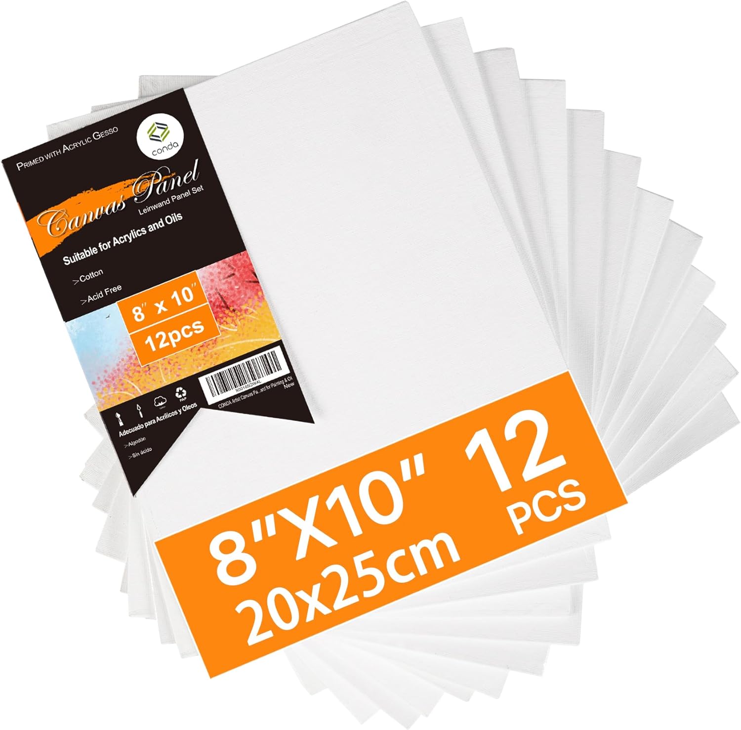 CONDA Canvas Boards for Painting, 8 x 10 inch, 12 Pack, 100% Cotton Canvas Panels, White Blank Canvases, Primed, Acid-Free, Artist Quality for Acrylic, Pouring Watercolor & Oil Painting
