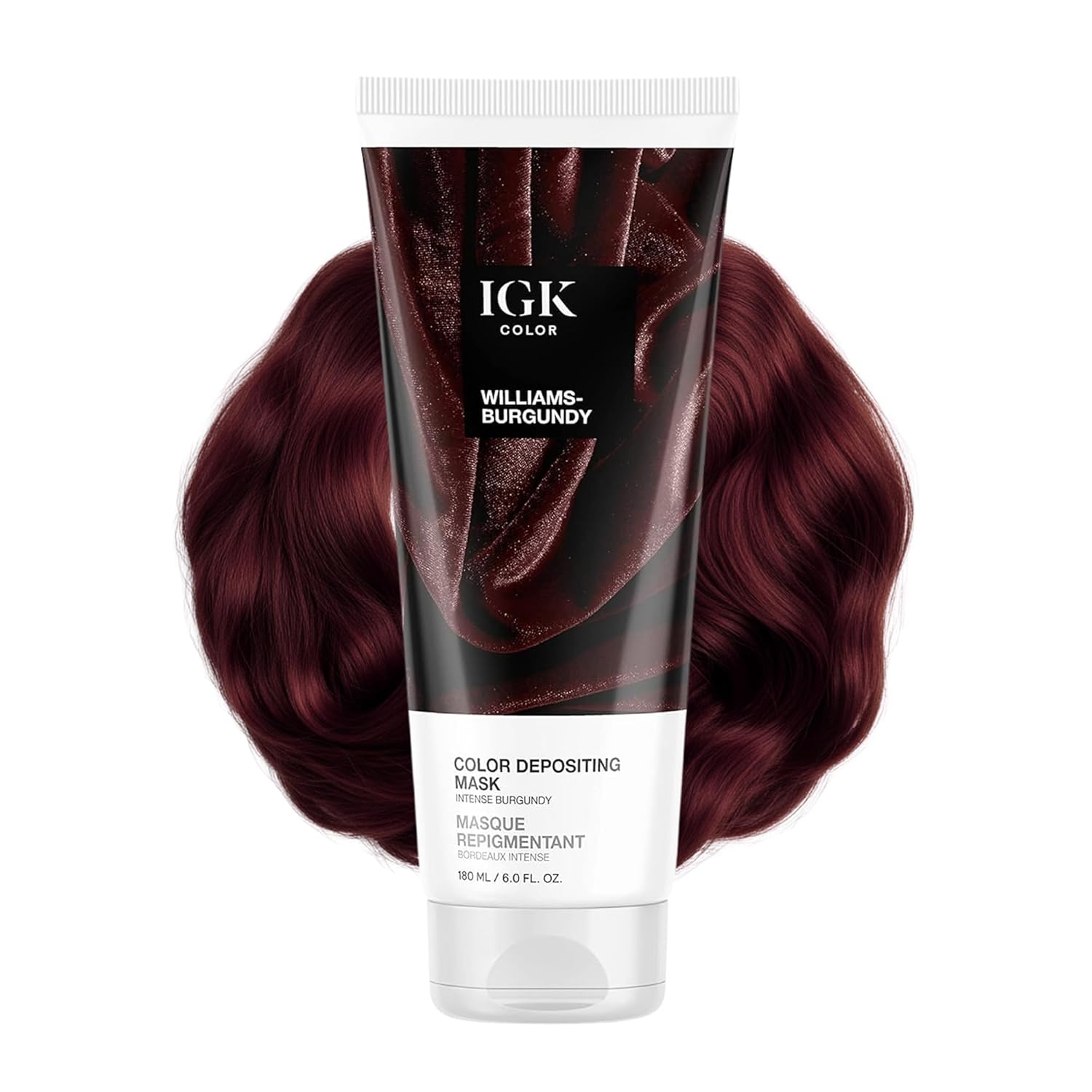 IGK Williams Burgundy Color Depositing Hair Mask | Intense Burgundy Semi Permanent Color Conditioner + Gloss Toner | Hydrating Formula Adds Shine + Refreshes Color | Vegan + Cruelty Free | 6 oz