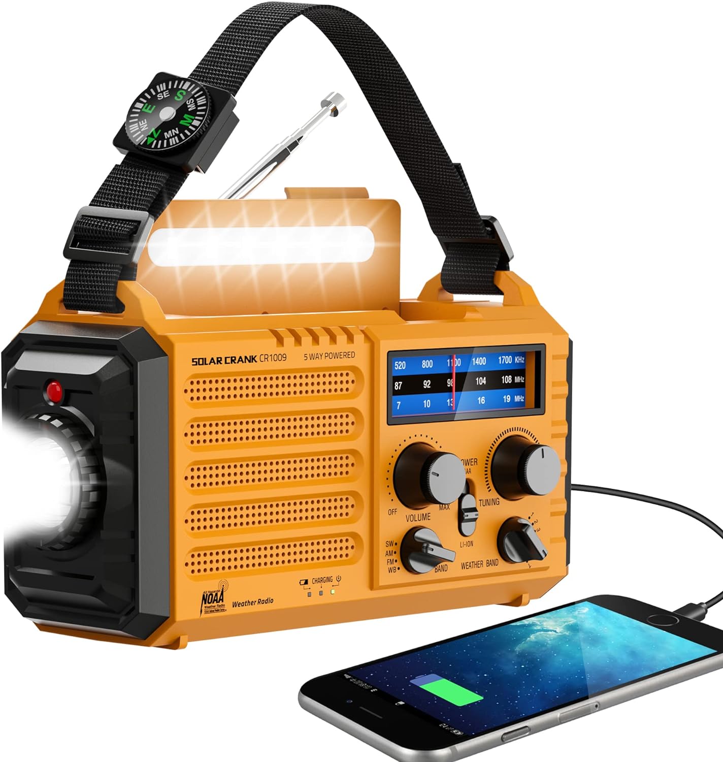 Emergency Radio with NOAA Weather Alert, Portable Solar Hand Crank AM/FM Radio for Survival,Rechargeable Battery Powered,USB Charger,Flashlight,Reading Lamp,SOS Alarm for Home Outdoor Emergencies