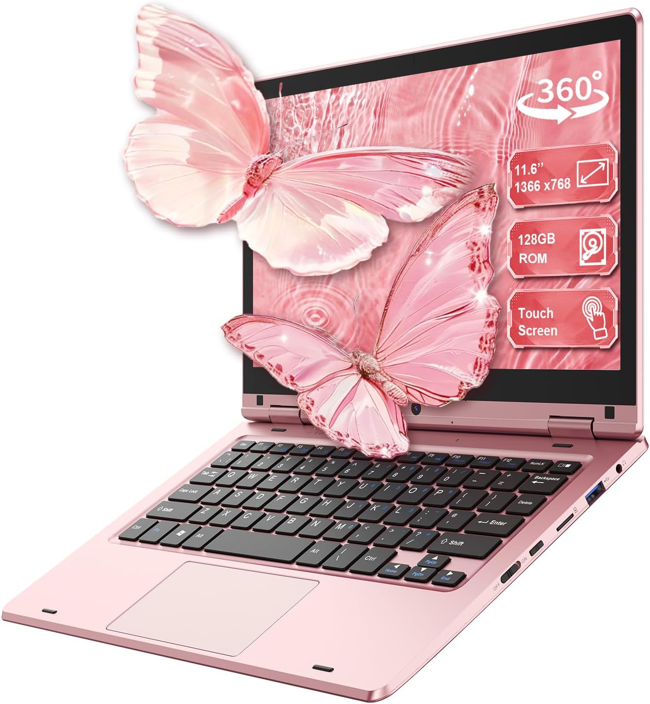 11.6 Inch Laptop PC TouchScreen 360° Foldable Thin, Laptop Computer Celeron N4020 6GB RAM 128GB SSD, Portable PC Dual-Band WiFi Wireless Bluetooth Webcam USB 3.0 Mini-HDMI Keypad Lock - Pink