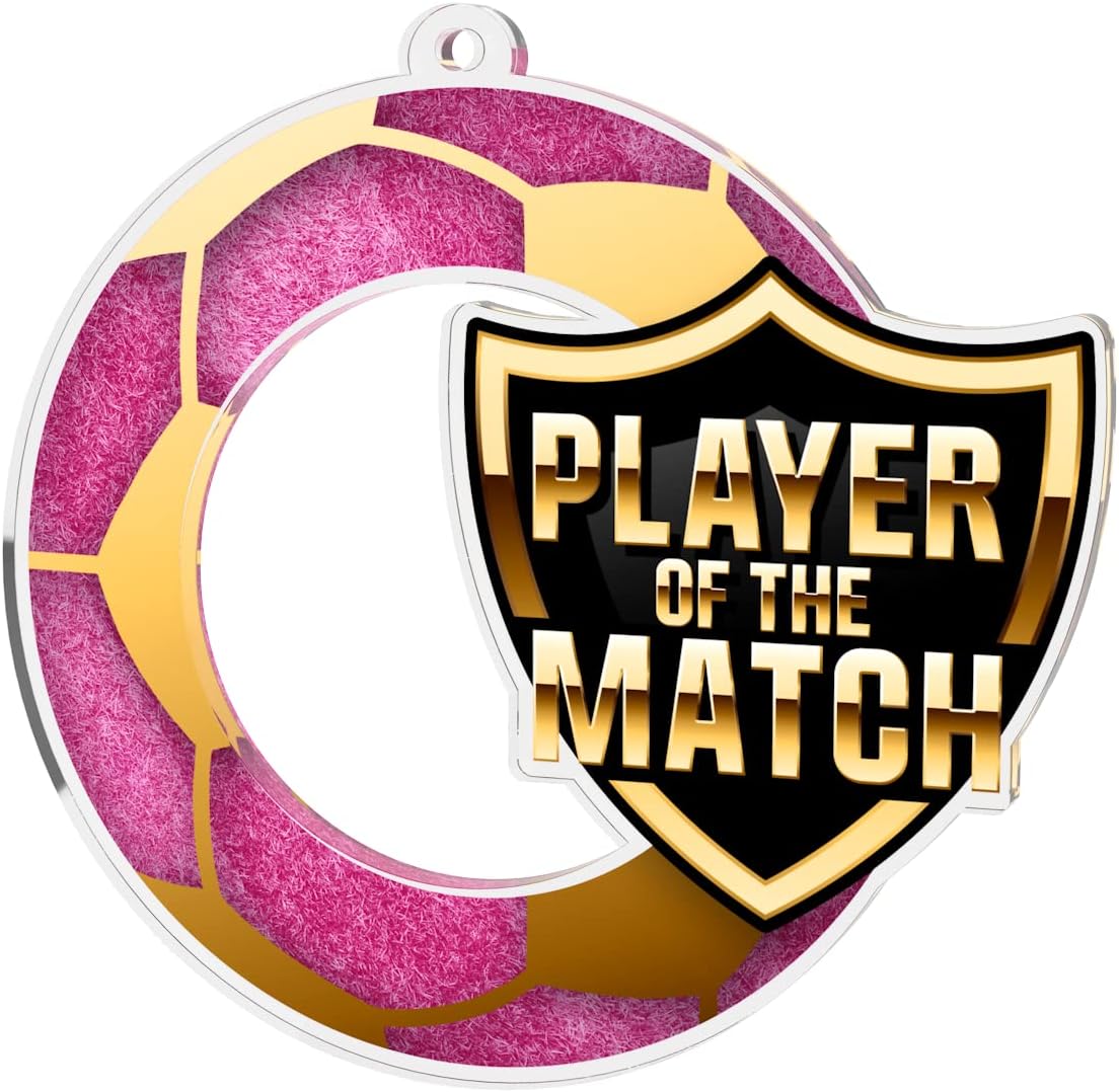 Trophy Monster Pack of 10x Football Player of the Match Pink Medals FREE Ribbons in Bulk Medal Deal | for Clubs, Events | Made from Printed Acrylic, 10 Colours | 50,60,70 or 80mm (3 pack sizes)