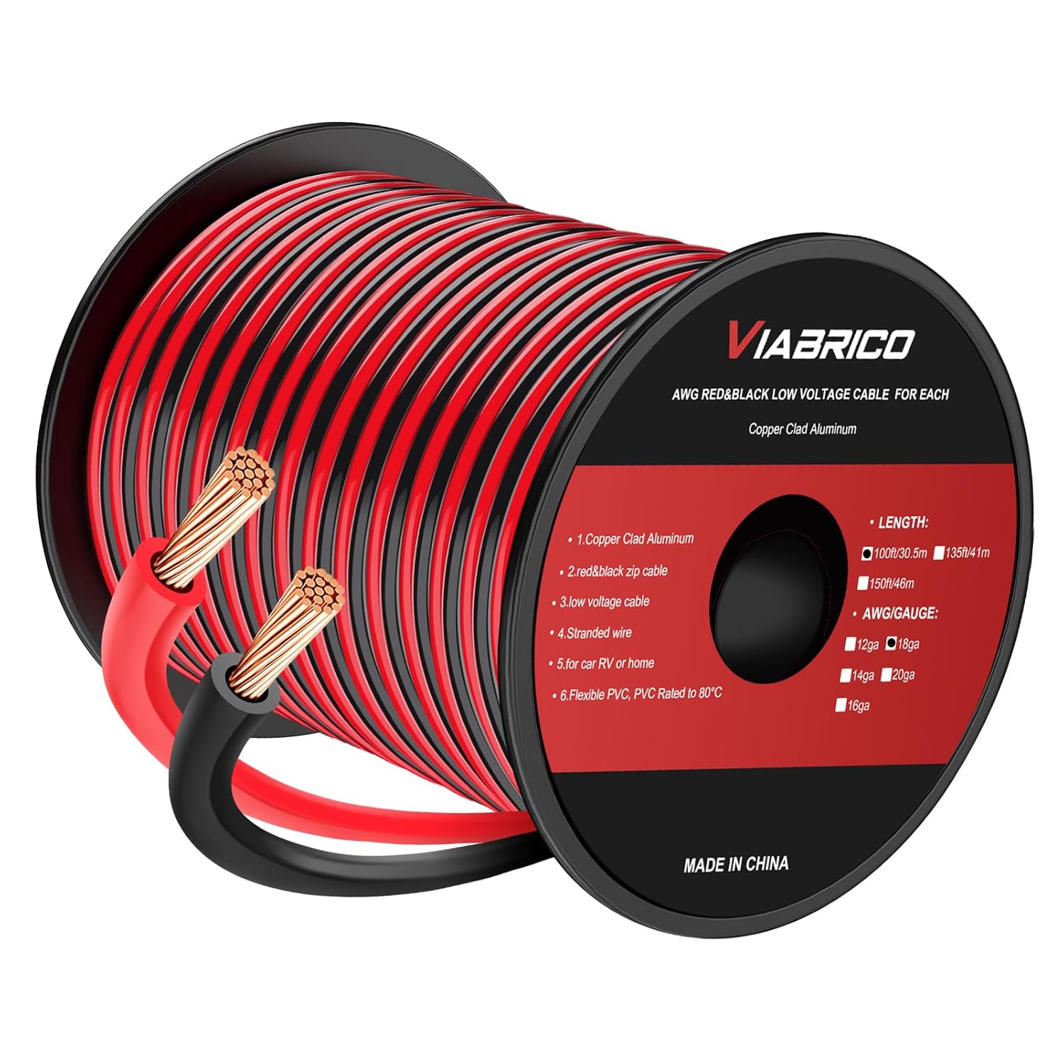 VIABRICO 100FT 18 AWG Gauge Electrical Wire, DC 12V Hookup Red Black Copper clad aluminum Stranded Auto 2 Cord Low Voltage, Extension Cable with Spool for LED Ribbon Lamp Light