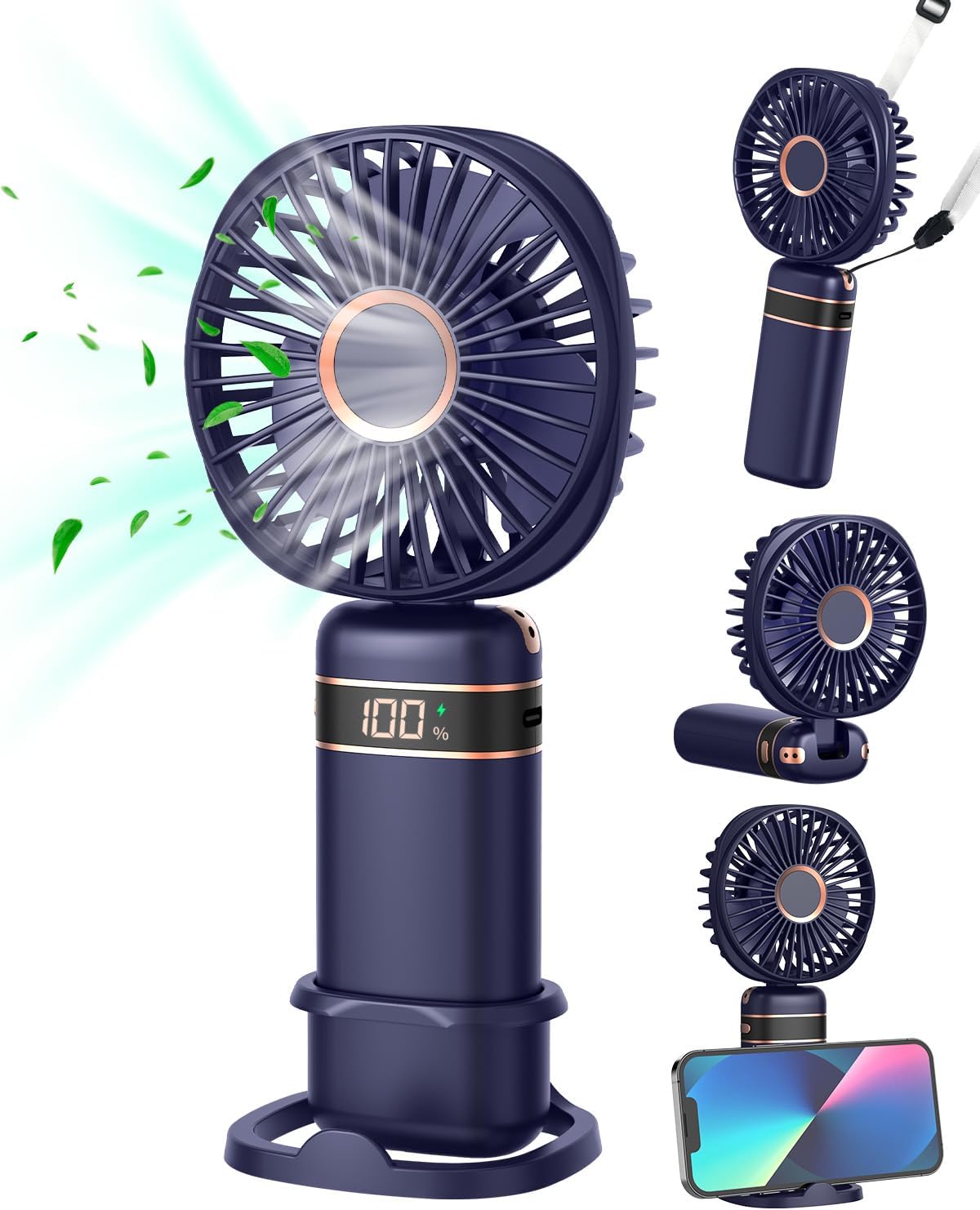 FAPPEN Mini Handheld Fan, Portable USB Hand Held Fan, Rechargeable 5 Speeds Folding Hand Fans with Base and Lanyard for Home Office Bedroom Outdoor Travel(Deep Blue)