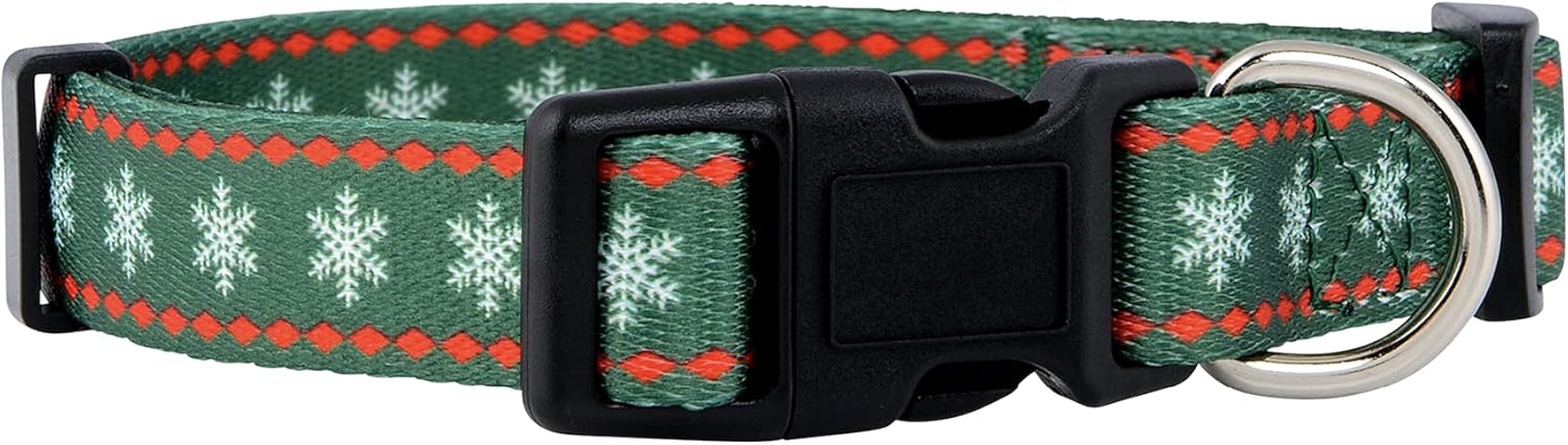 Native Pup Christmas Dog Collar- Winter Holiday Collars for Pets- Xmas Gift for Puppy- Santa, Reindeer, Snowman, Candy Cane, Red Green- Girl Boy- Small, Medium, Large Breeds (Green Snowflake, Large)
