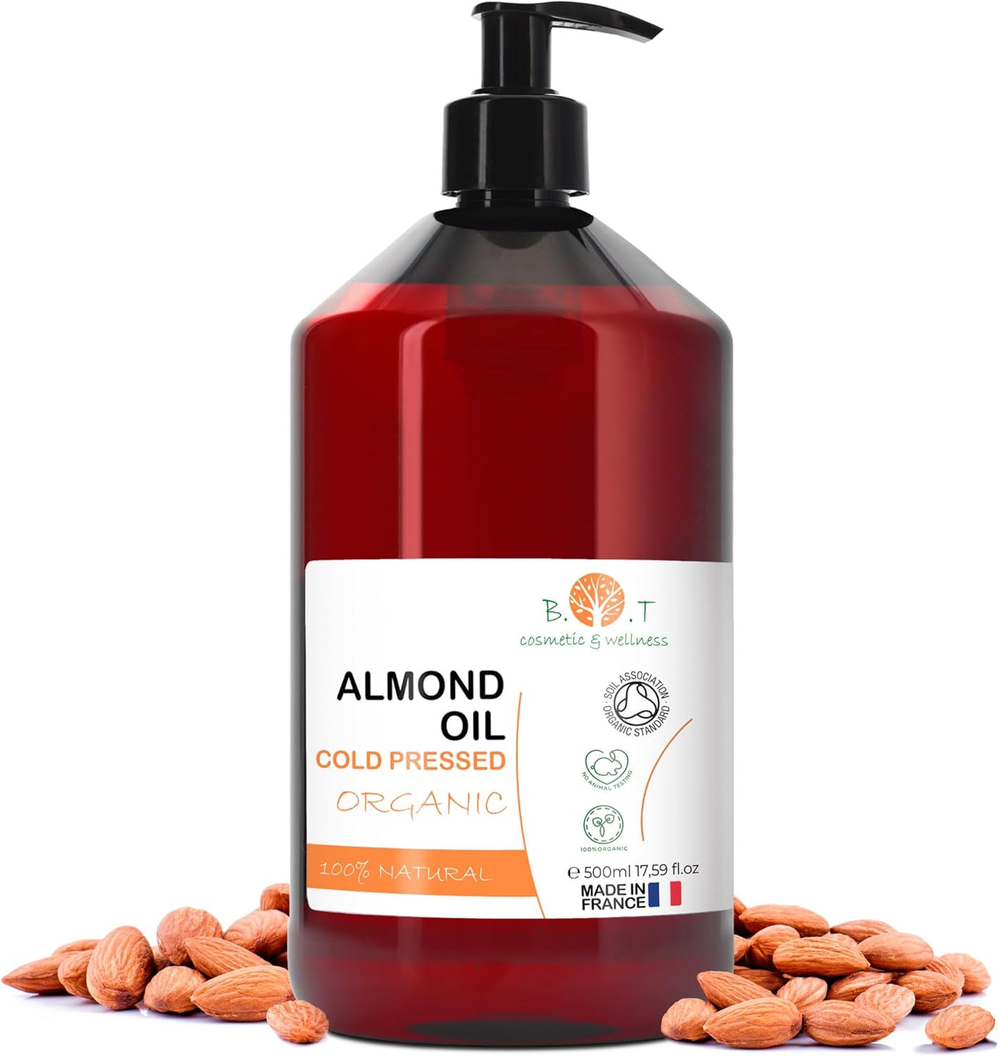 Almond Oil, Organic, Cold Pressed, Pure, Natural. Massage Oil, Carrier Oil, Hair Oil, Body Oil (Nail & Cuticle Oil) Face Oil, Ear oil, Pregnancy Stretch Mark & Baby Oil - 500 ml