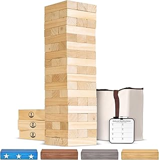 GoSports Toppling Tower - Giant Wooden Stacking Game - Stacks Up to 5 ft - Brown Wood Stain, Gray, Natural, Stars & Stripes, or Tropical Hardwood