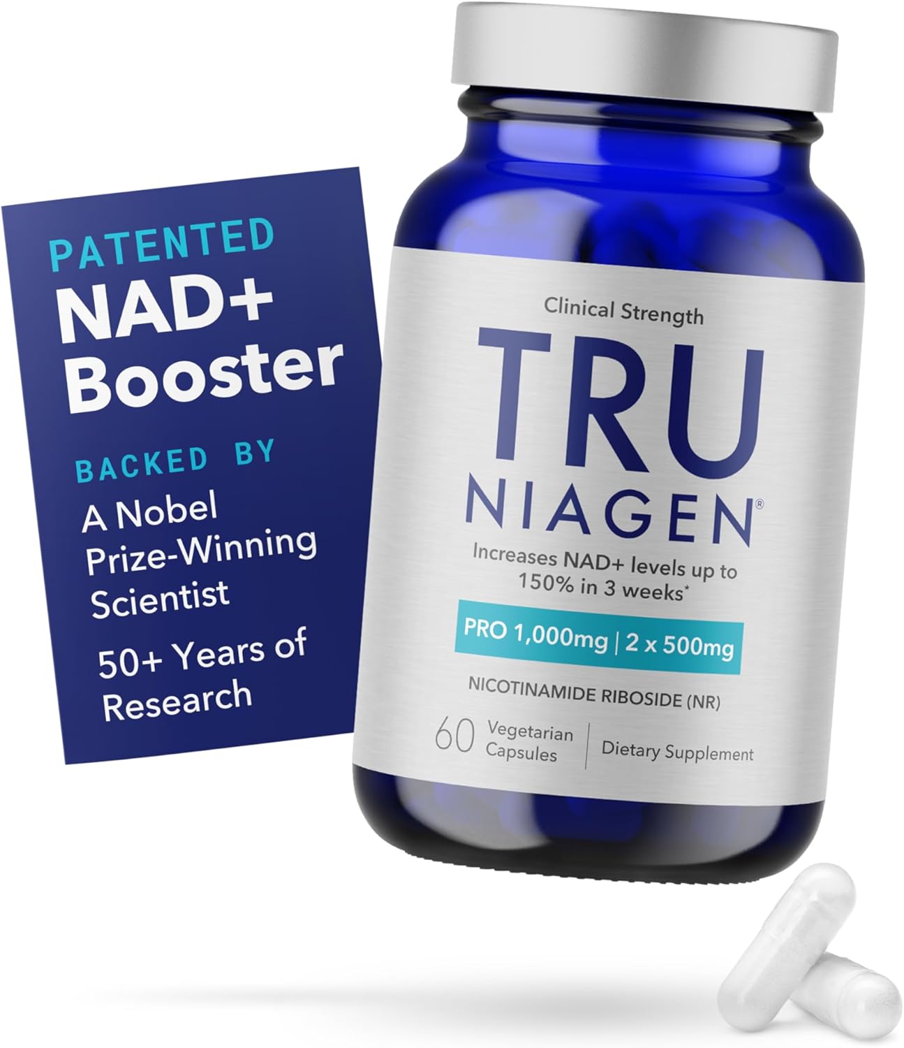 TRU NIAGEN PRO NAD+ Supplement for Brain Function, Anti Aging and Cell Regeneration, 2 x 500mg Patented Niagen, 30 1000mg Servings | Supports Cellular Energy | Nicotinamide Riboside (NR) Take 2 Daily