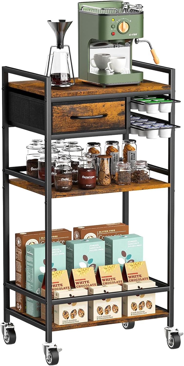 4-Tier Coffee Bar Cart with Storage, 33" H Coffee Station Cabinet with Pod Drawers for Nespresso Vertuo, Mini Toaster Oven Stand Table for Home, Kitchen, Living Room (Rustic Brown)