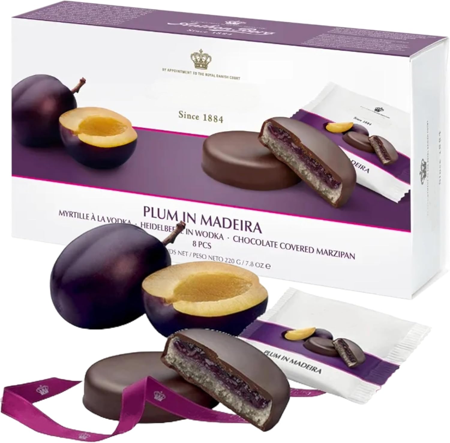 Anthon Berg Marzipan Liqueur Chocolates - Plum In Madeira Liqueur Dark Chocolate Covered Marzipan 220g Sweets Hamper Gift Box with Topline Card for Stocking Fillers, Gifts for Couples