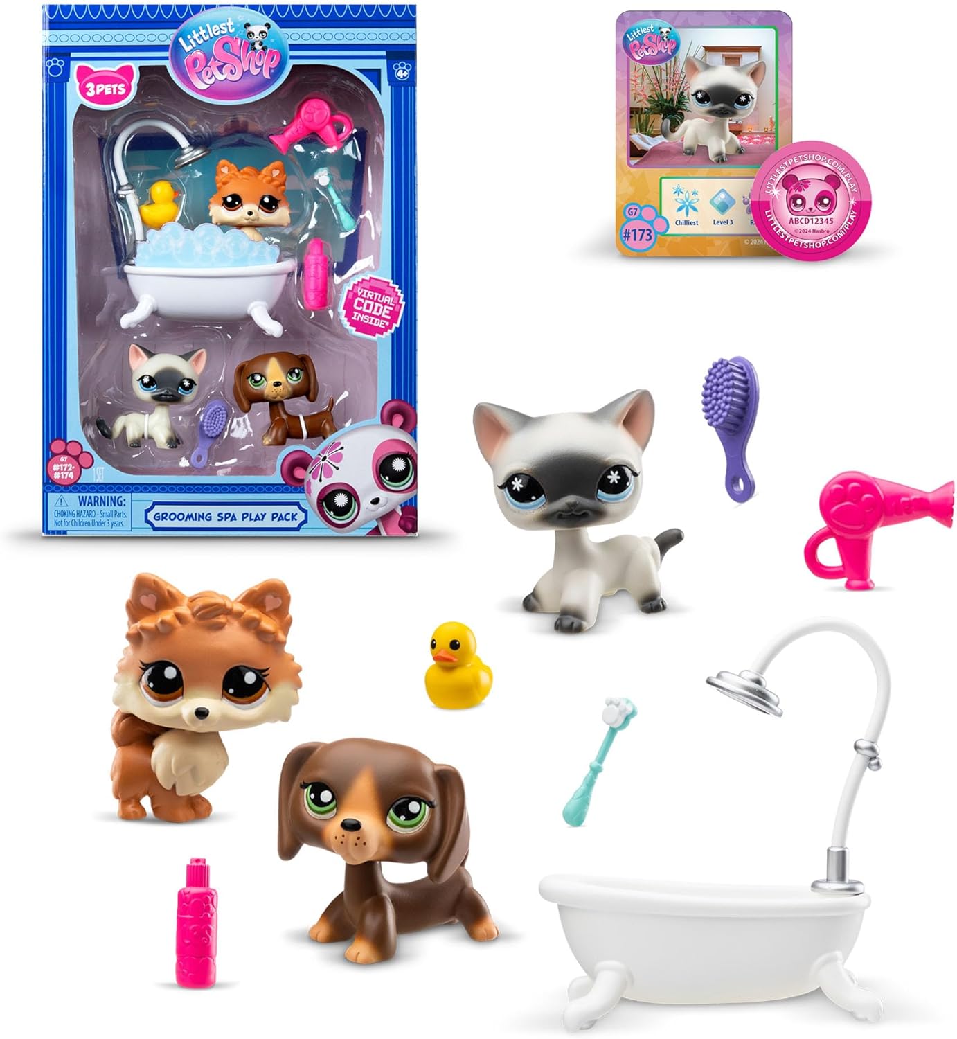 Littlest Pet Shop Grooming Spa Play Pack | The Pack Contains 3 LPS Mini Pet Toys 6 Accessories 1 Collector Card And 1 Virtual Code | Collectable Toys For Girls And Boys