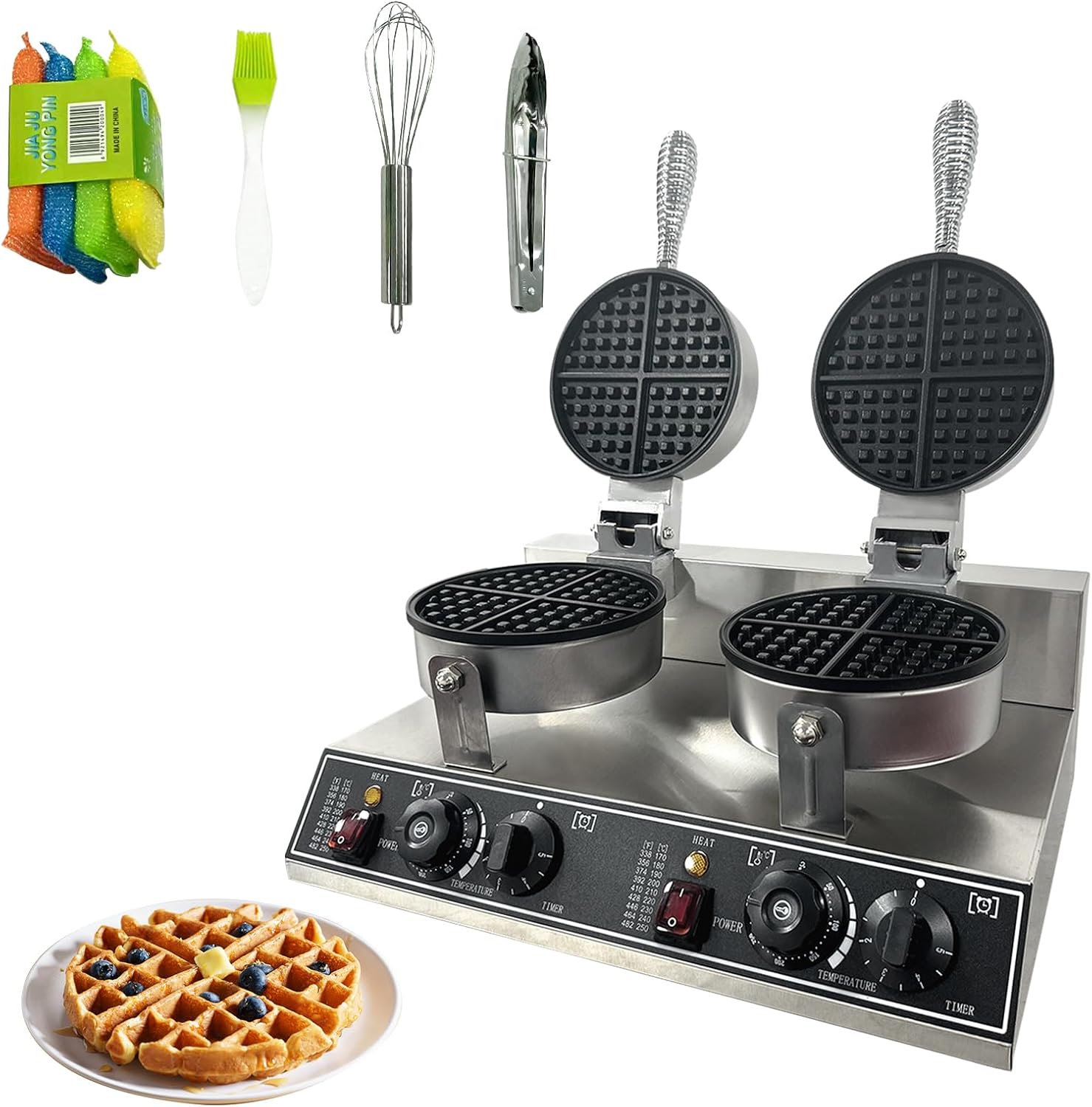Commercial Waffle Maker for Home and Restaurant, 2400 W Nonstick Waffle Iron, Double Head Stainless Steel Waffle Maker,No Rotation