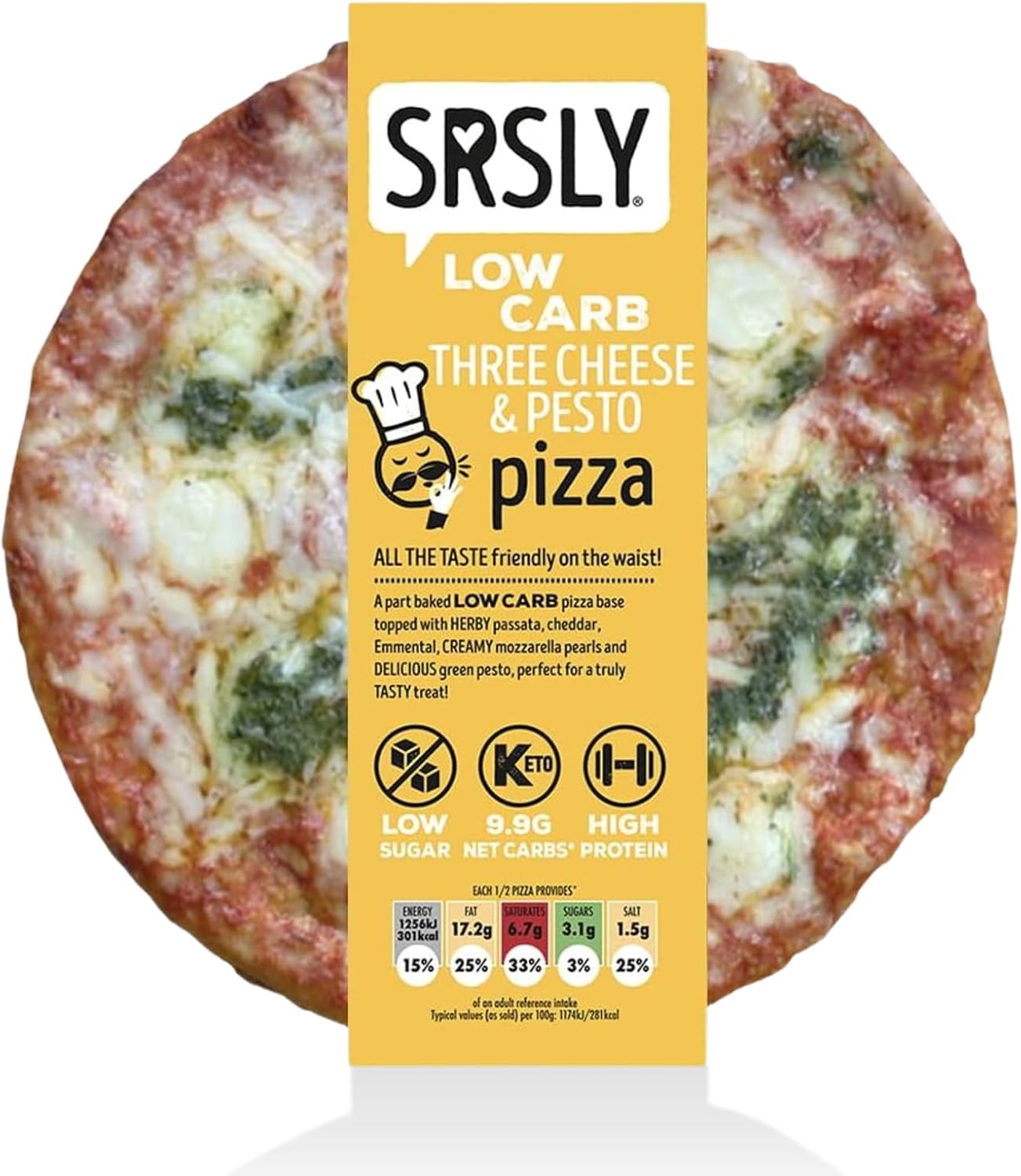 SRSLY Low Carb Three Cheese & Pesto Keto Pizzas - 9 Inch - Multipack of 9 - Low Carb Low Sugar High Protein Pizza with Crispy Base and Full Flavour Toppings for Healthy Filling Keto Friendly Meals