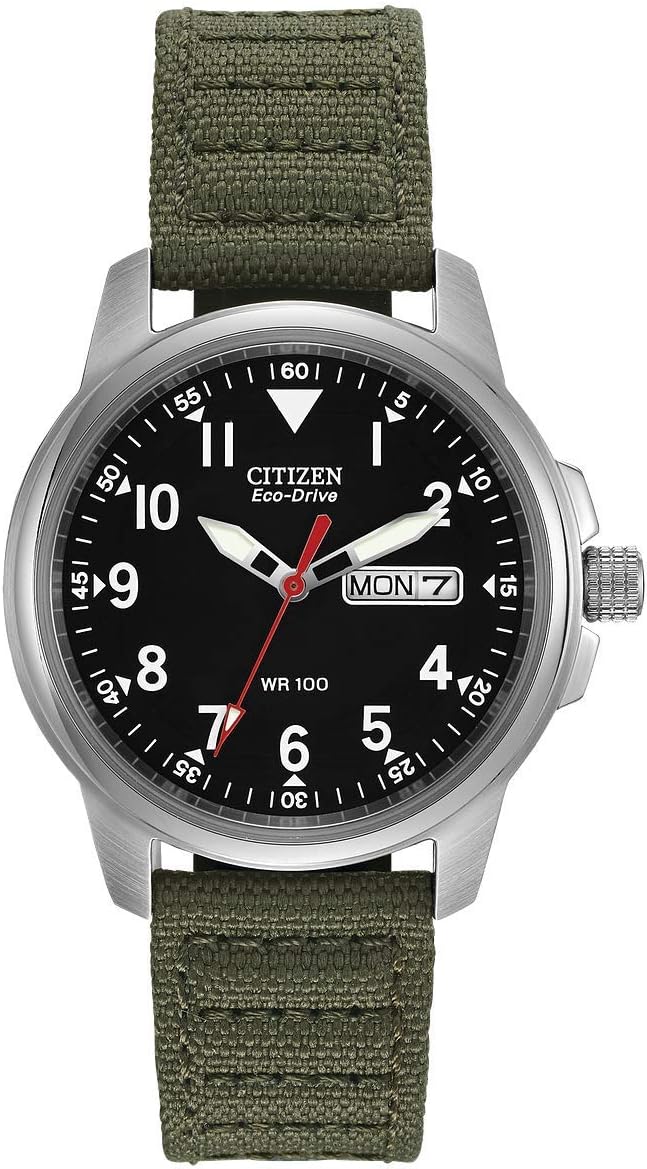 Citizen Men's Sport Casual Garrison 3-Hand Day/Date Eco-Drive Nylon Strap Watch, Arabic Markers, 100 Meters Water Resistant, Luminous Hands and Markers