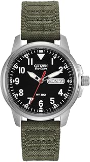 Citizen Men's Sport Casual Garrison 3-Hand Day/Date Eco-Drive Nylon Strap Watch, Arabic Markers, 100 Meters Water Resistant, Luminous Hands and Markers