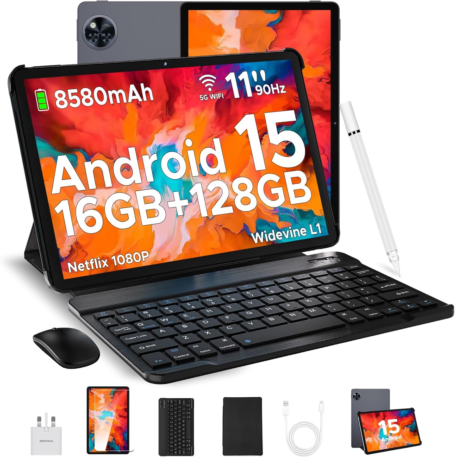 DOOGEE U11 Android 15 Tablet with Keyboard, 16GB RAM 128GB ROM(TF 2TB), 8580mAh Battery, Octa-Core Android Tablets 11 Inch, Widevine L1, 3.5mm Jack, 5G WiFi Tablet with Pen, Mouse & Case - Gray