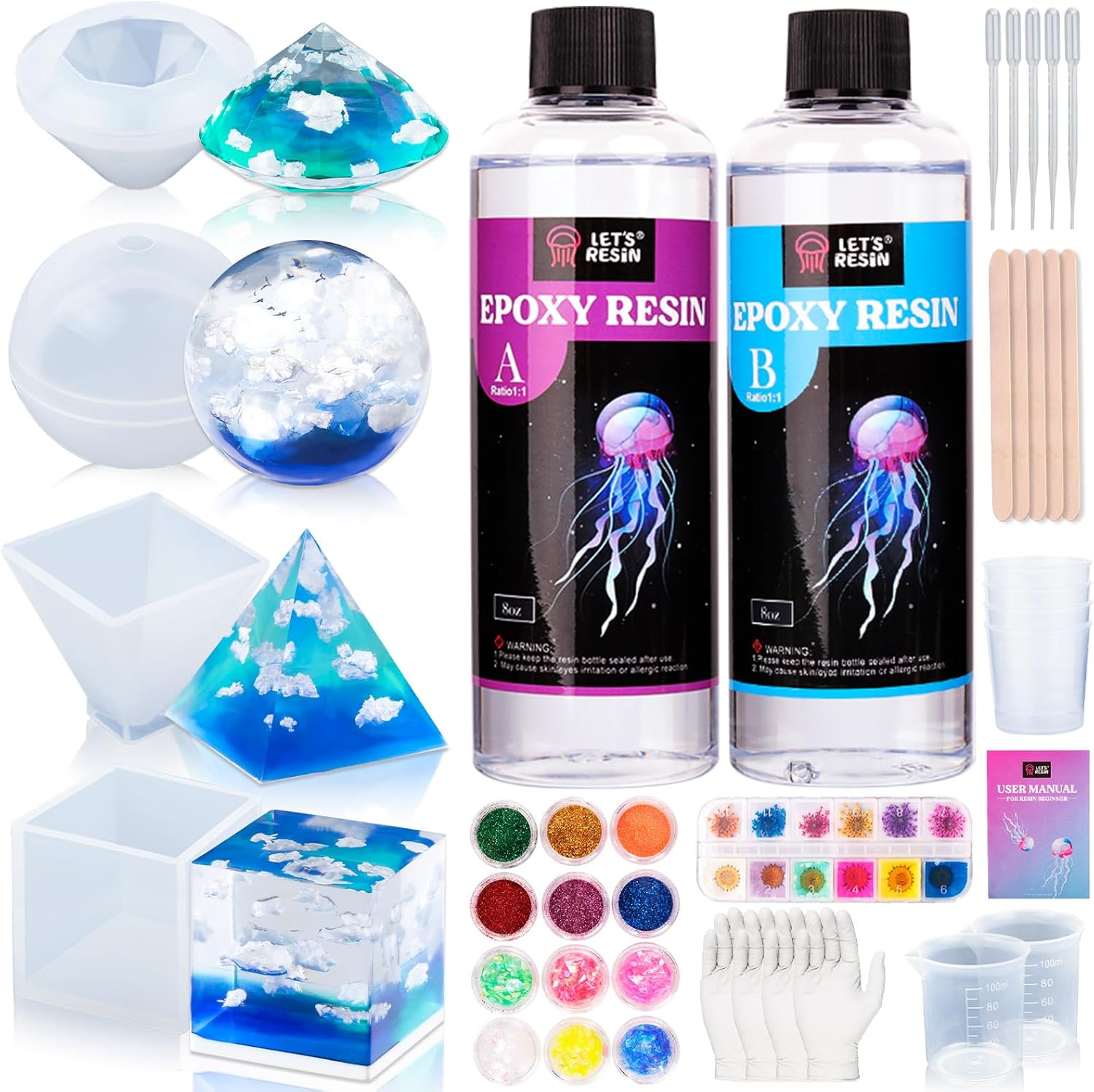 LET'S RESIN Epoxy Resin Kits and Molds Complete Set, 16oz Resin Art Kit with Silicone Molds, Pigment, Dried Flowers, Crafts for Adults, Beginners, Art Supplies for DIY Lovers, DIY Gift for Women