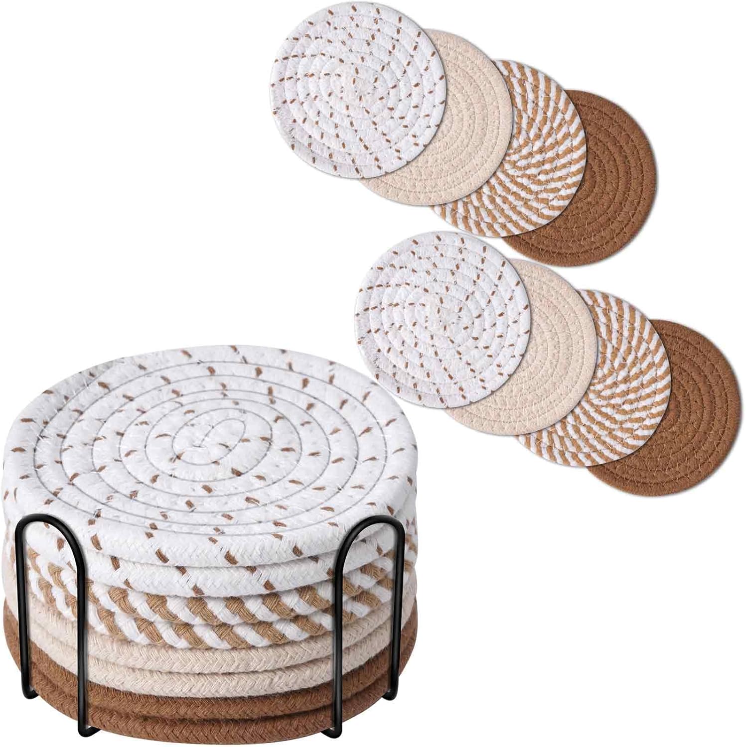 Drink Coasters 8 Pack with Holder, 4-Color Cotton Woven Absorbent Coasters Set, Minimalist 4.3in Cup Mat for Home Decor, Dining Table, Living Room, Tabletop-Protection for Coffee Beverage-Brown