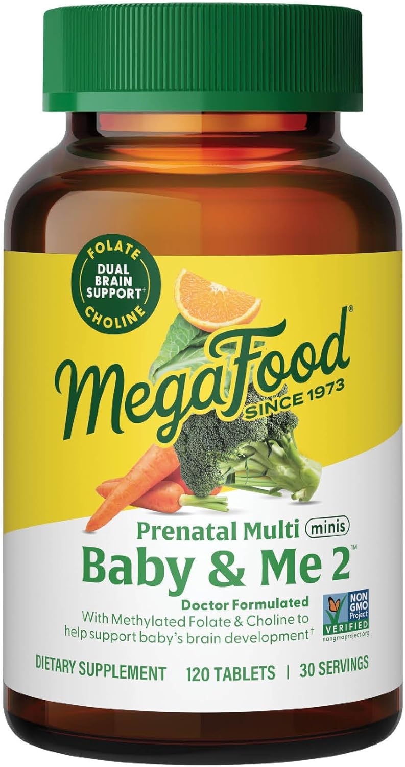 MegaFood Baby & Me 2 Prenatal Multi Minis - Prenatal Vitamins for Women with Choline & Methyl Folate - Gluten-Free, Vegetarian, Pre Natal Multivitamin for Women – 120 Minis Tablets, 30 Servings
