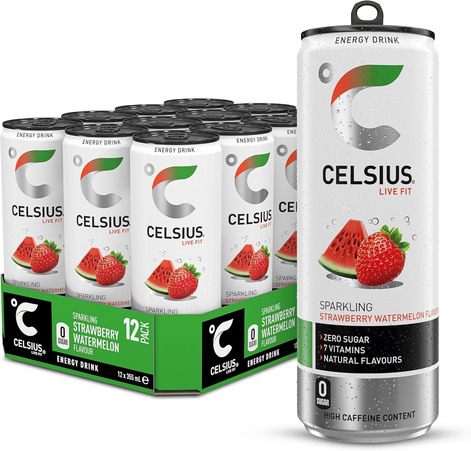 CELSIUS Energy Drink Sparkling Strawberry Watermelon Natural Flavours No Artificial Colours Sugar Free 355ml Pack of 12