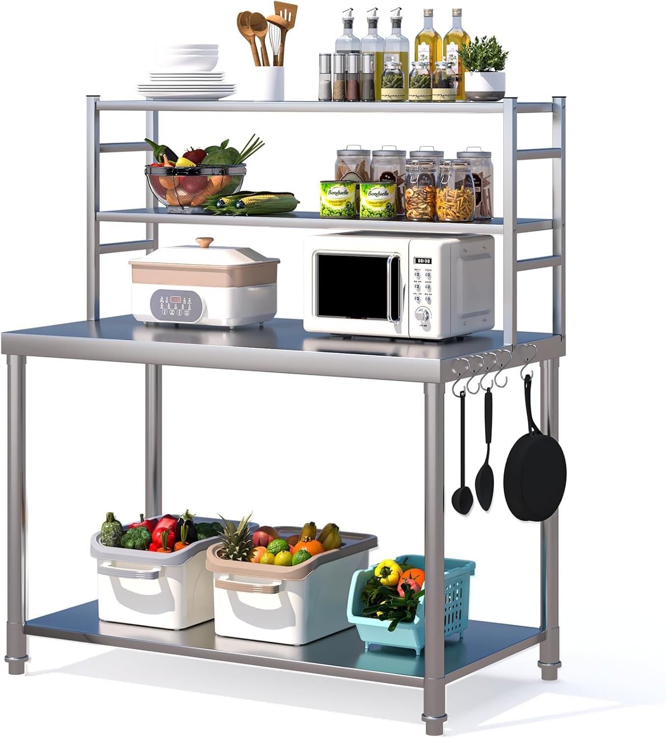 UNIONLINE Stainless Steel Table with 2 Layer Top Shelf,Commercial Catering Tables Undershelf, Food Prep Workbench for Outdoor Kitchen Pizza Oven 122x61x138 cm