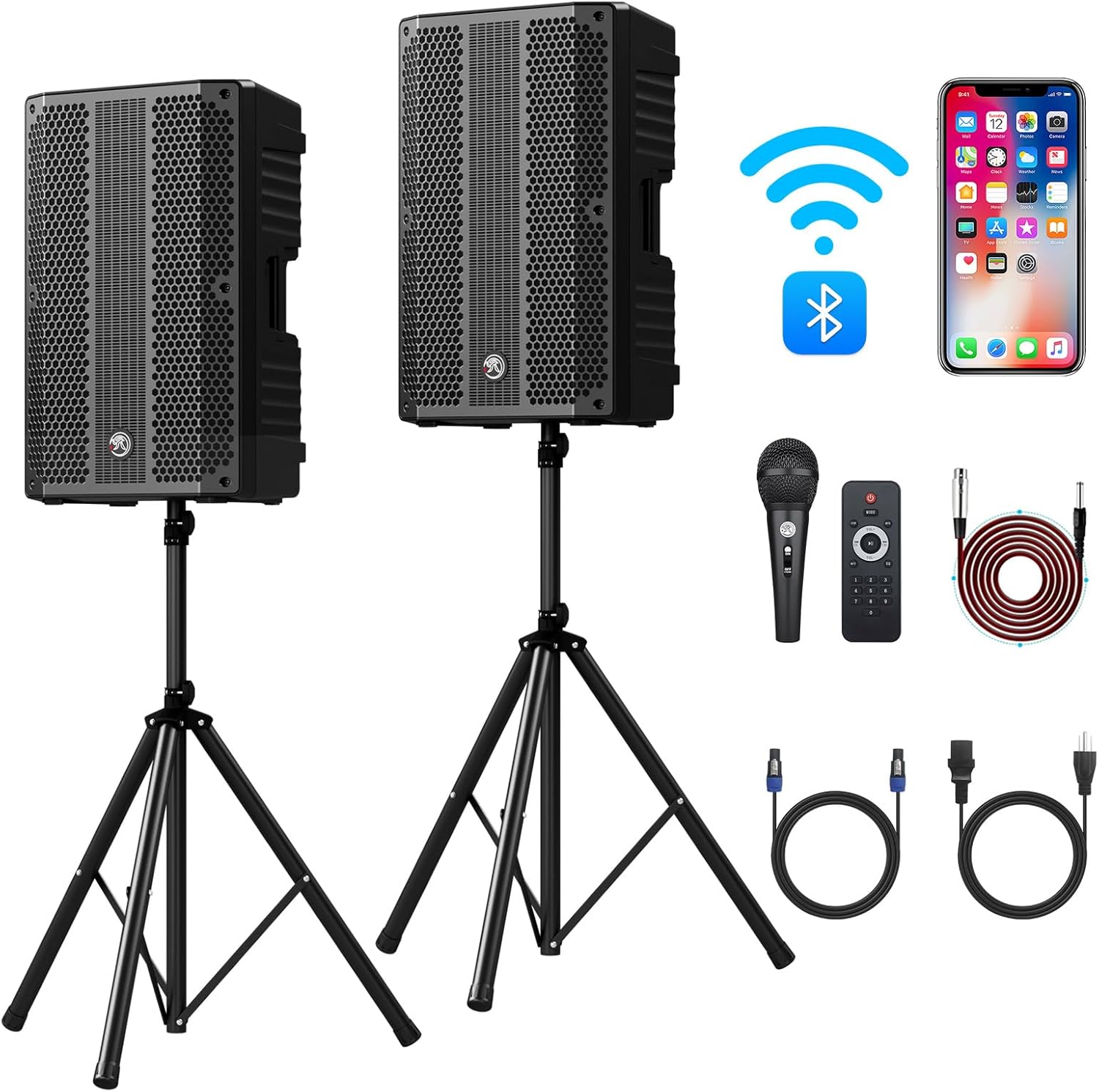 15" Active+Passive DJ/PA Speakers Package with Mic,2-Way Powered PA System Combo Set with Bluetooth/USB/FM Radio/2X Steel Speaker Stand for Unforgettable Events
