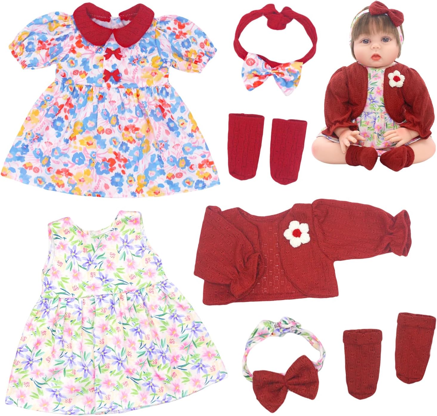 Ecore Fun 2 Set Baby Doll Clothes for 20- 22 Inch Dolls, 7 Pcs 20 Inch Dolls Clothes Accessories Dress Outfits Include Skirts, Socks, Headbands (No Doll)