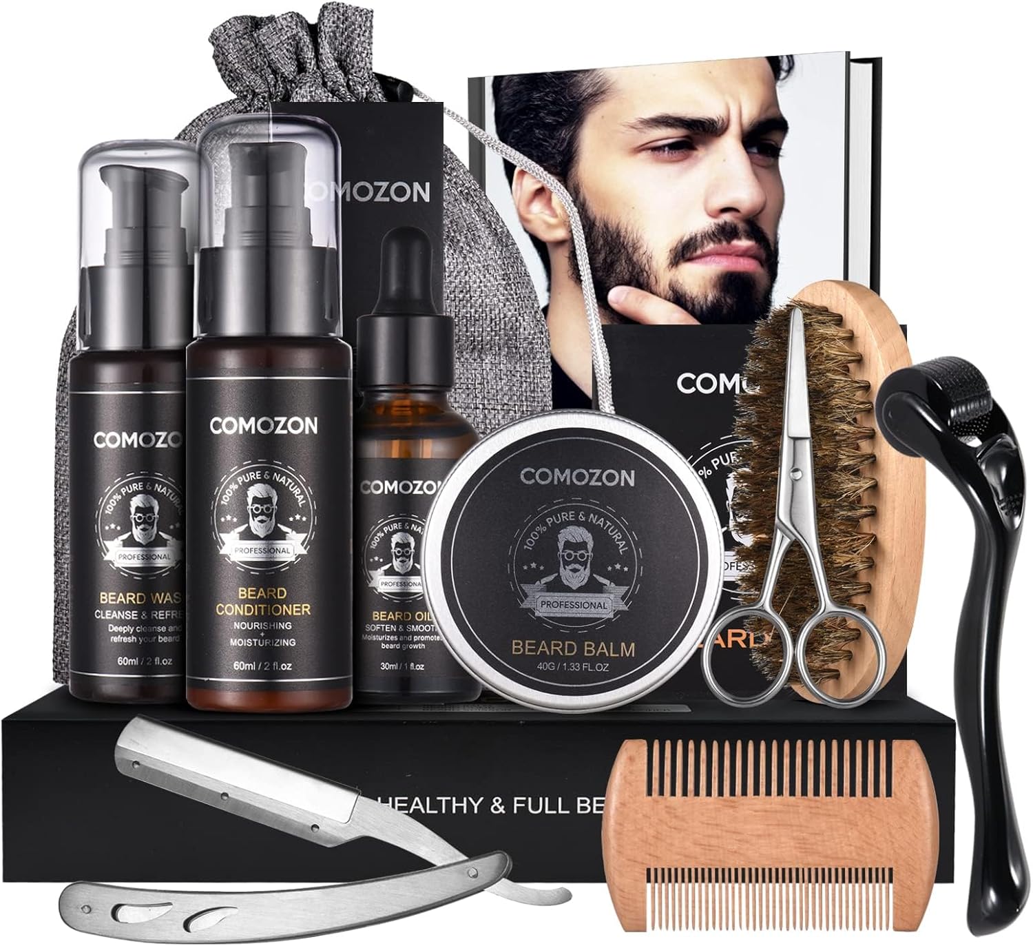 Beard Grooming Kit for Men, 12 in 1 Beard Growth Kit with Beard Roller, Beard Set with Beard Oil, Beard Shampoo, Beard Conditioner, Beard Brush, Beard Balm, Beard Comb, Scissors, Gifts for Him