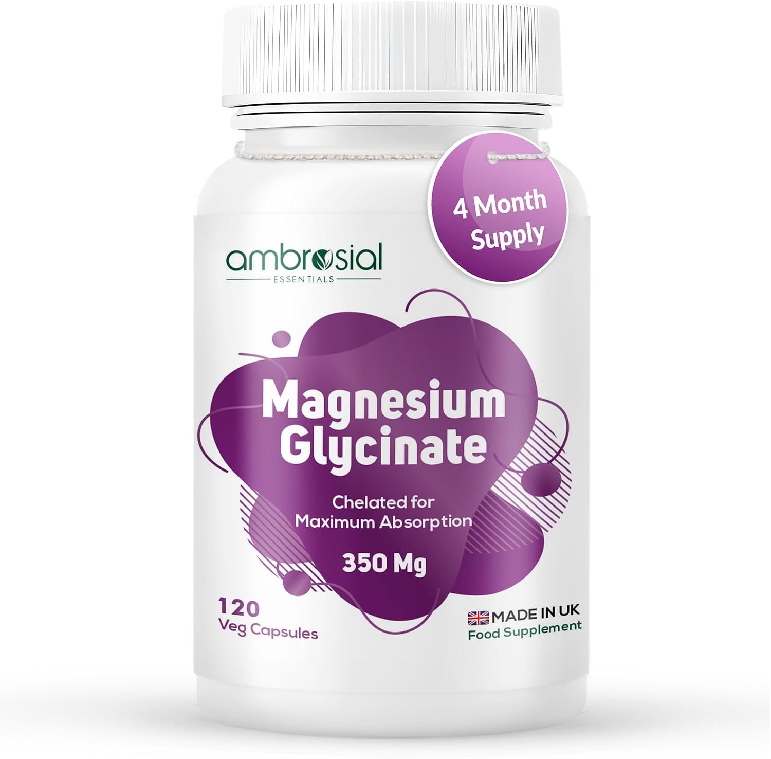 Ambrosial Chelated Magnesium Glycinate - 350 mg of Magnesium Glycinate – High Strength Mag.Supplement for Women & Men, Gentle on Stomach, Vegan, GMP Certified, 120 Capsules (4 Months Supply)