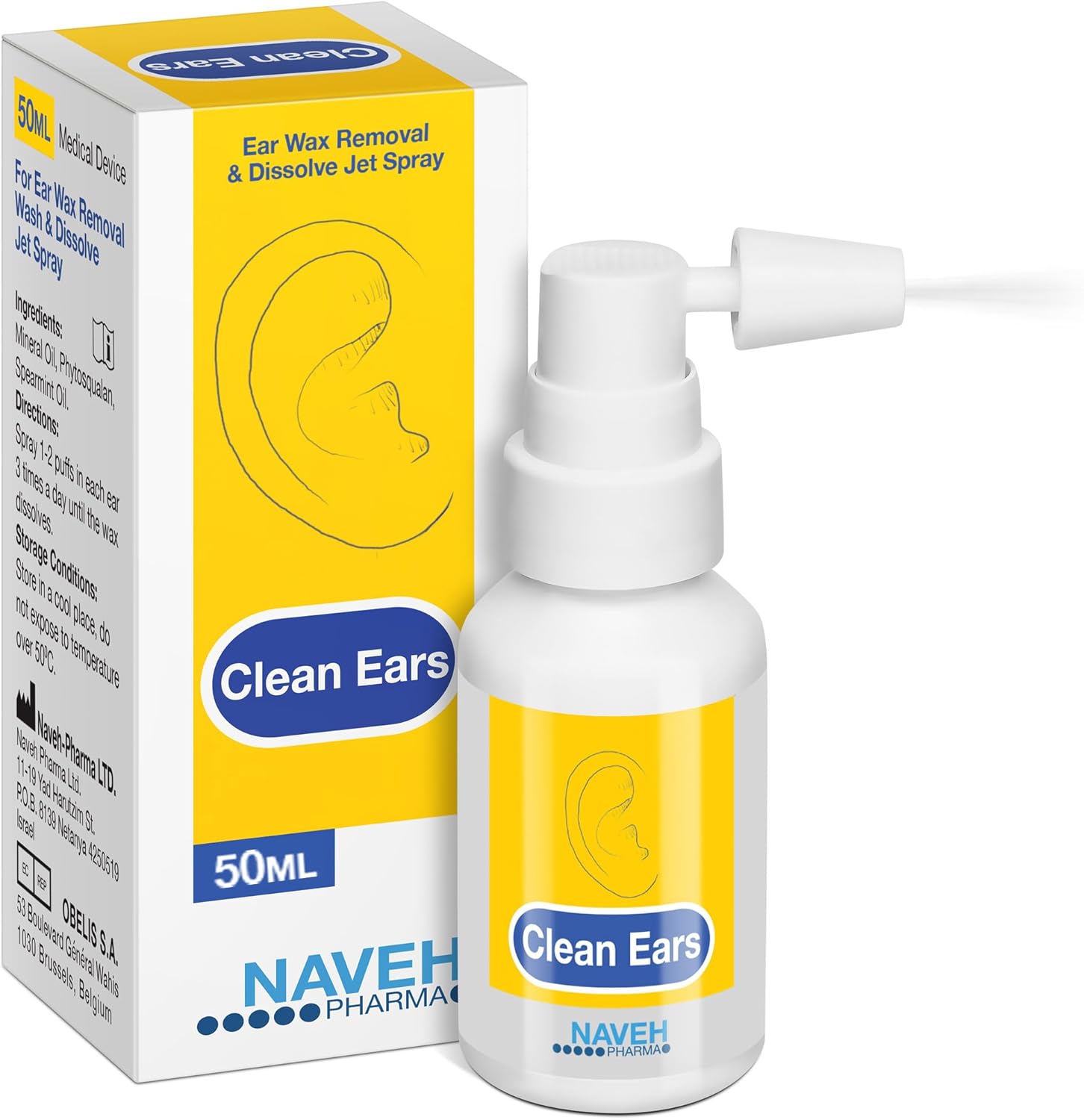 NAVEH PHARMA® CleanEars | Fast-Acting Ear Wax Removal Spray | Breaks Down & Dissolves Earwax in Just 1 Treatment | Clinically Proven to Be 300% More Effective W/Mineral Oil | Gentle & Safe 1.69 Fl Oz