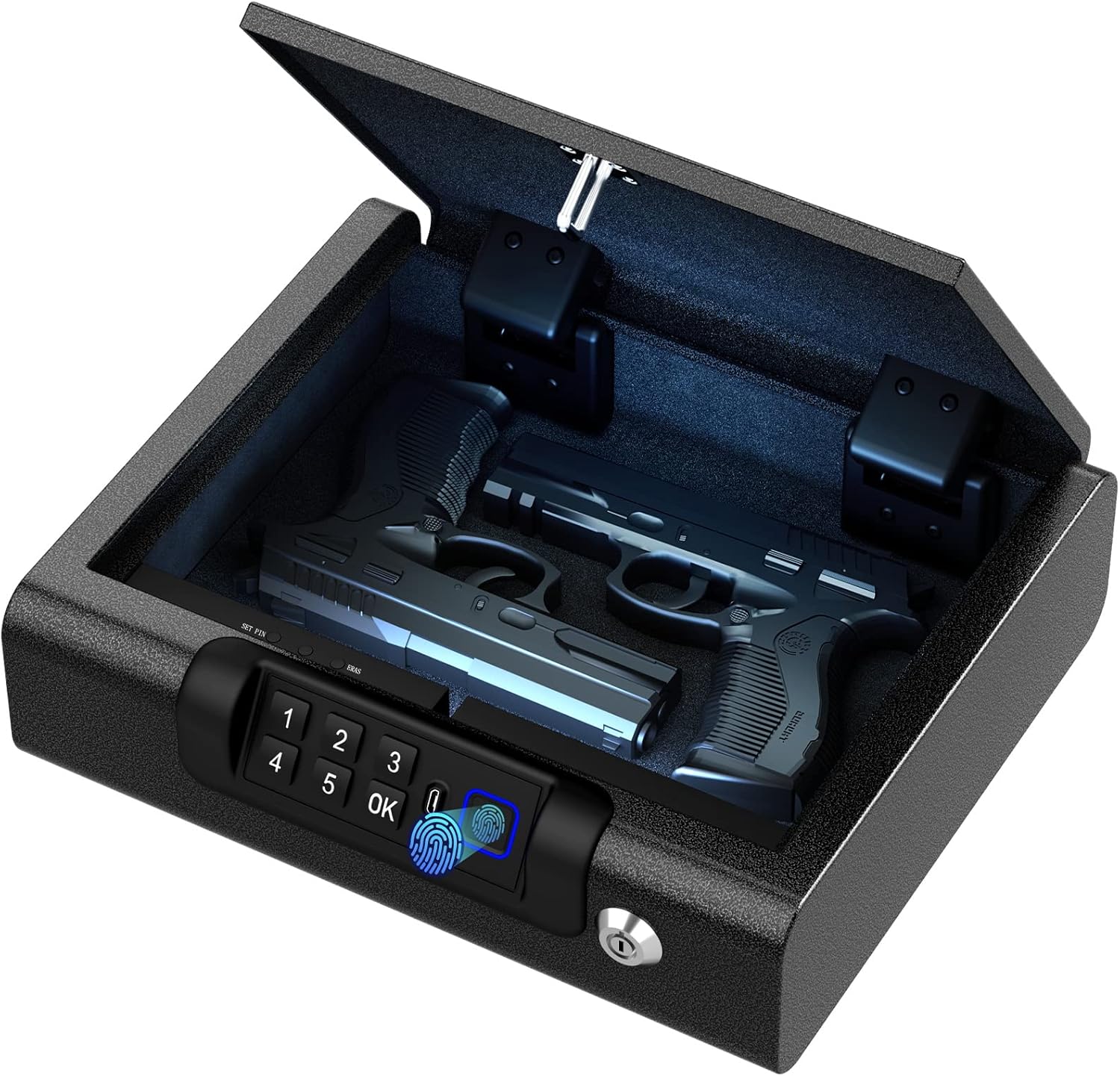 Biometric Gun Safe for Pistols 3-Ways unlock Fingerprint Digital PIN Key Unlock Handgun Safe with Sound, Lock box for Cloakroom living room Bedroom Nightstand and Car BILLCONCH