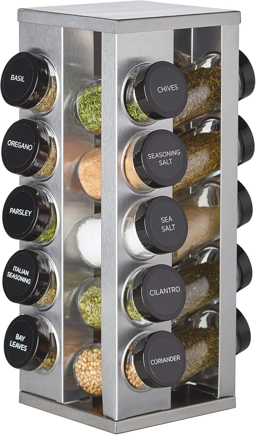 Kamenstein 20 Jar Heritage Revolving Countertop Spice Rack Organizer with Spices Included, FREE Spice Refills for 5 years, Brushed Stainless Steel with Black Caps