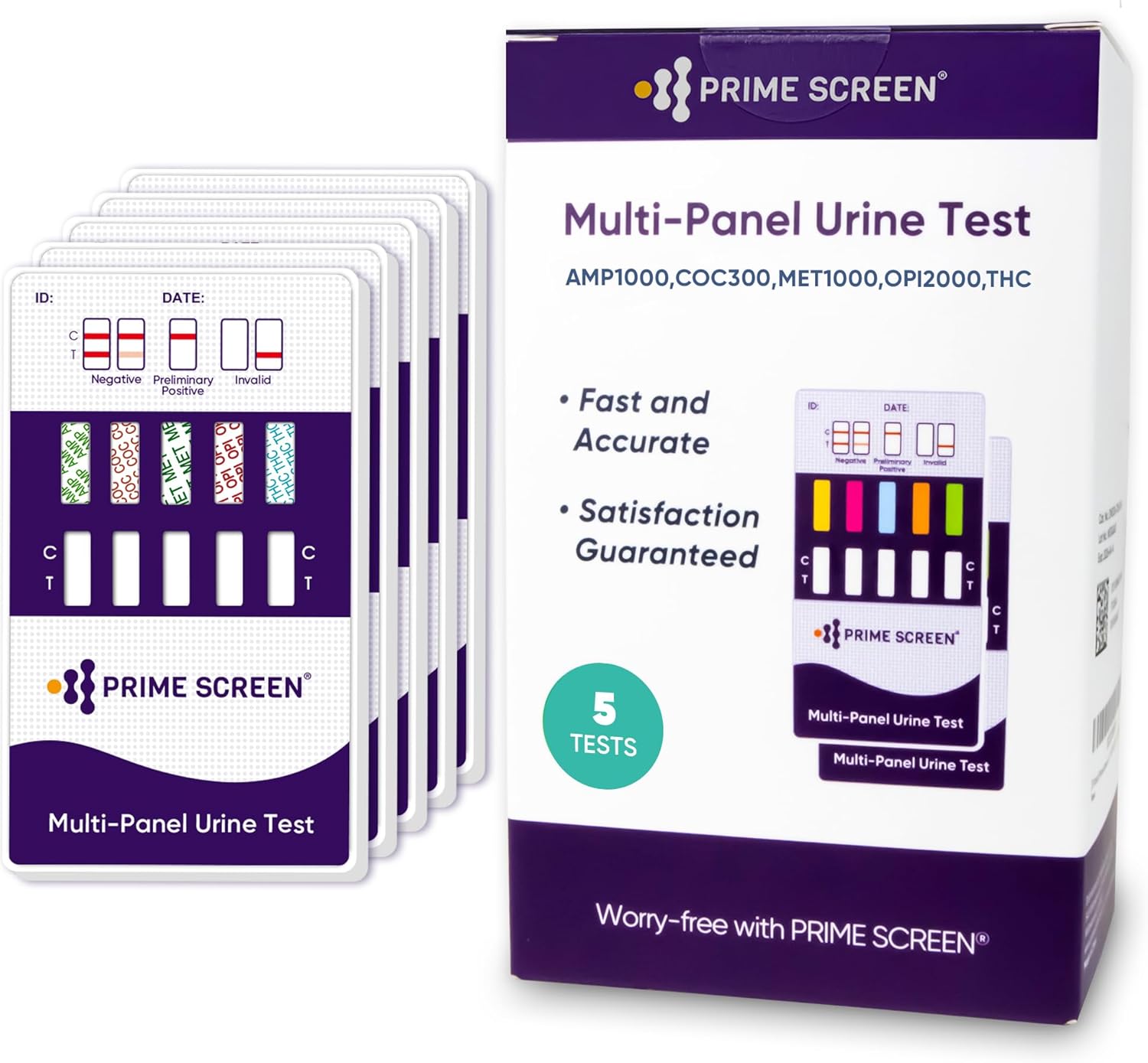 Prime Screen [5 Pack] 5 Panel Urine Drug Test Kit - Testing Instantly for 5 Different Drugs AMP, COC, MET (Meth), OPI, THC (Marijuana) - WDOA-254