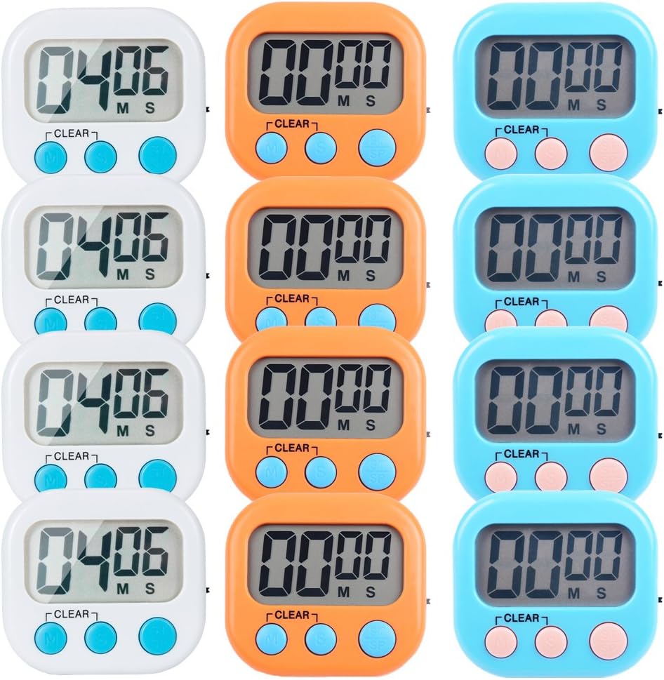 12 Pack Small Digital Kitchen Timer Magnetic Back and ON/Off Switch,Minute Second Count Up Countdown(White,Blue,Orange