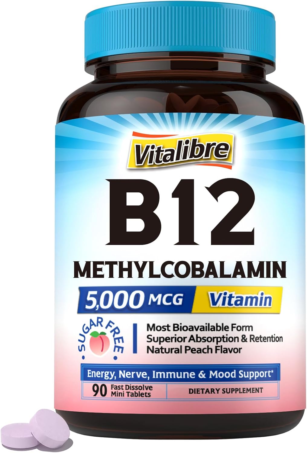Vitamin B12 Sublingual 5000 mcg, Methylcobalamin, Bioactive Form, High Absorption, Vegan, Nerve, Energy, Immune, Mood Support, Natural Peach Flavor, 90 Fast Dissolve Mini Tablets, No Sugar
